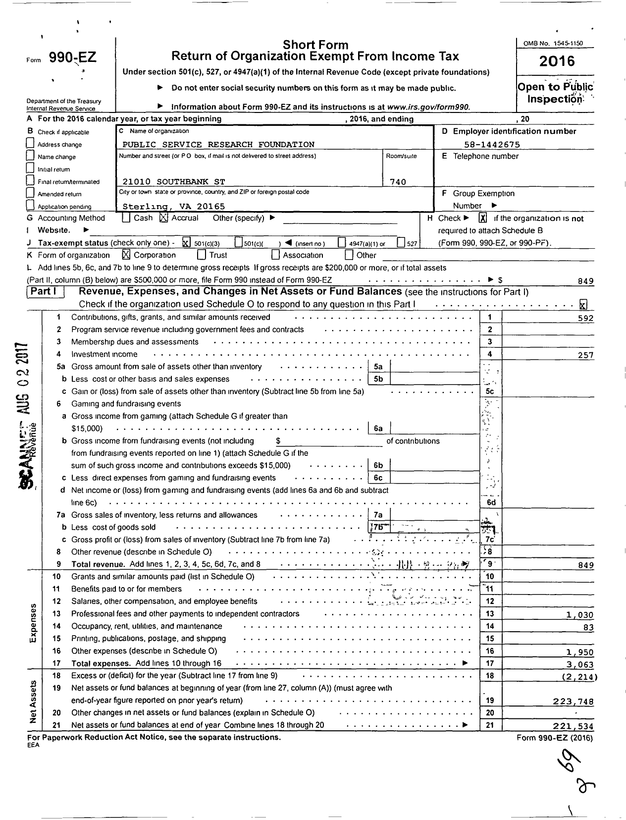 Image of first page of 2016 Form 990EZ for Public Service Research Foundation