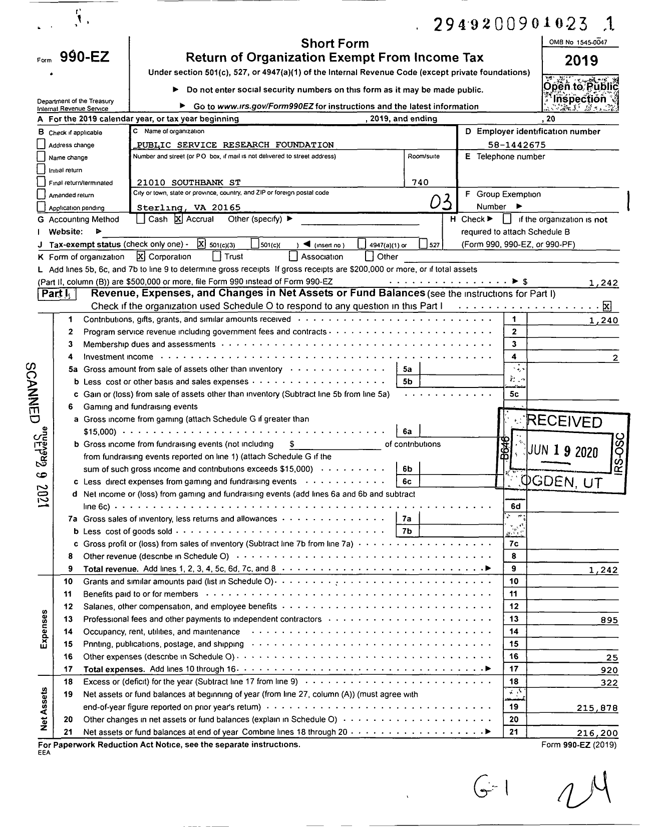 Image of first page of 2019 Form 990EZ for Public Service Research Foundation