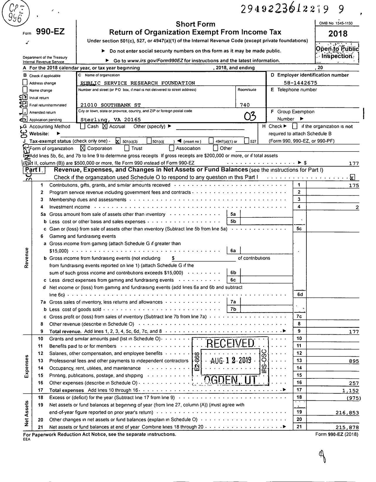 Image of first page of 2018 Form 990EZ for Public Service Research Foundation