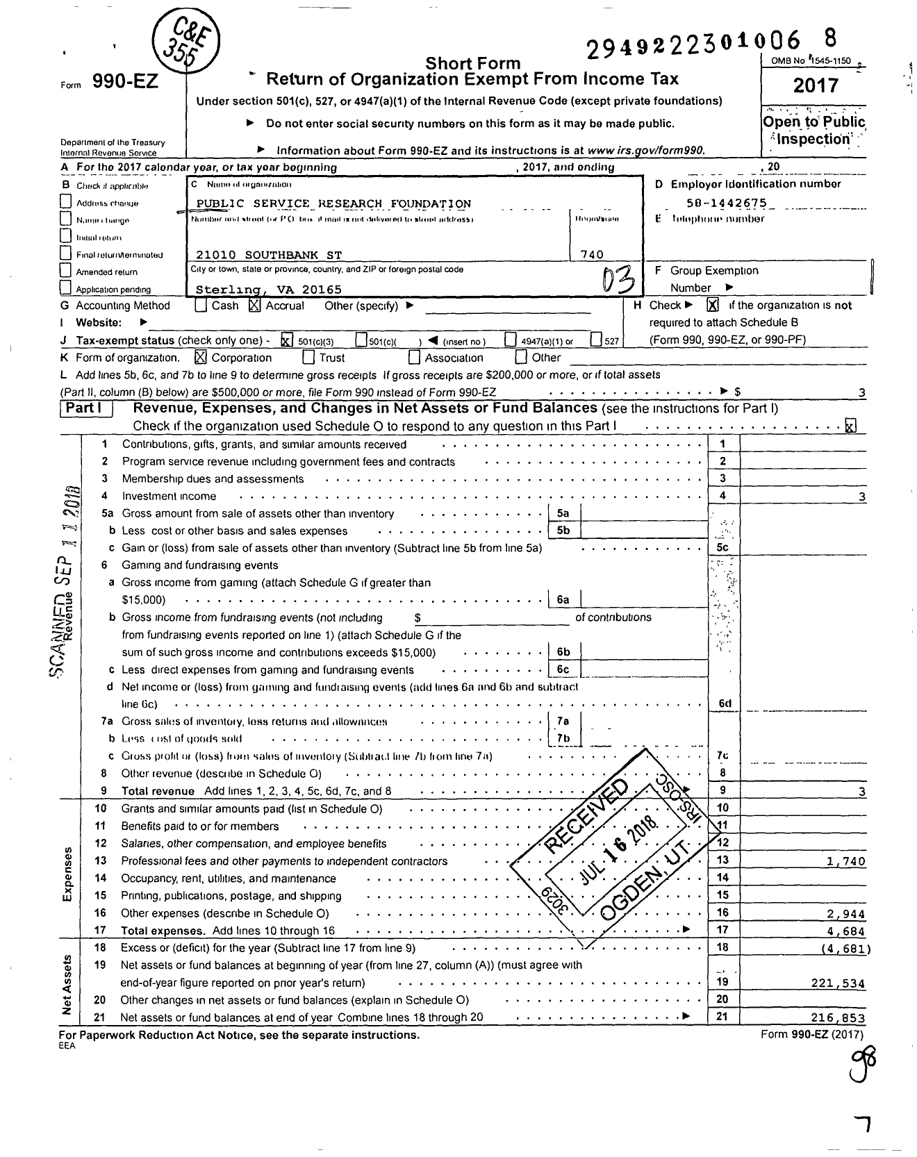 Image of first page of 2017 Form 990EZ for Public Service Research Foundation