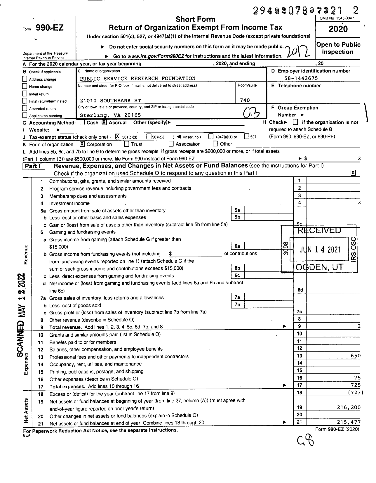 Image of first page of 2020 Form 990EZ for Public Service Research Foundation