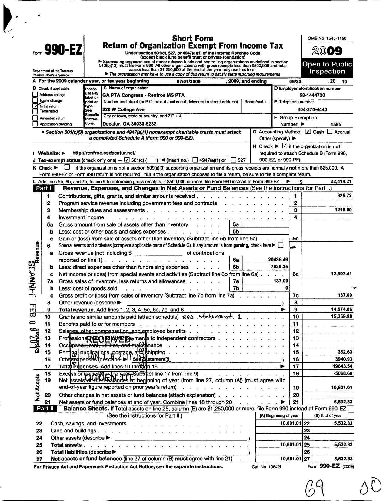 Image of first page of 2009 Form 990EO for Georgia PTA - Beacon Hill Middle School PTA