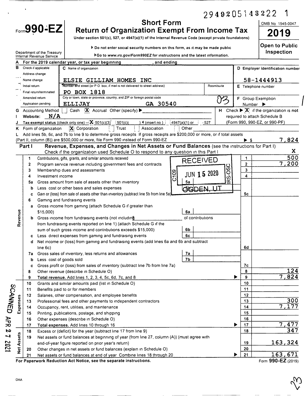 Image of first page of 2019 Form 990EZ for Elsie Gilliam Homes