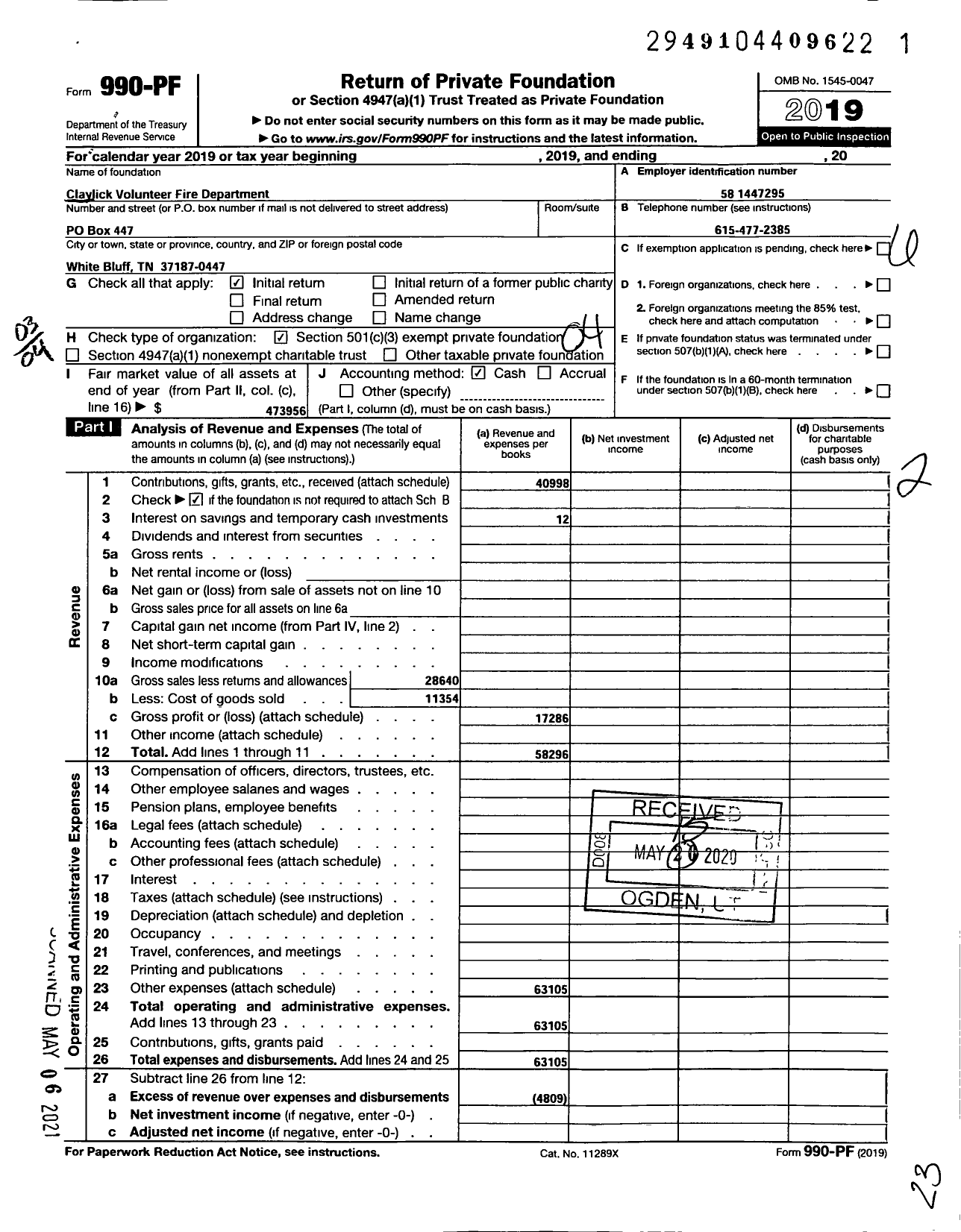 Image of first page of 2019 Form 990PF for Claylick Volunteer Fire Department