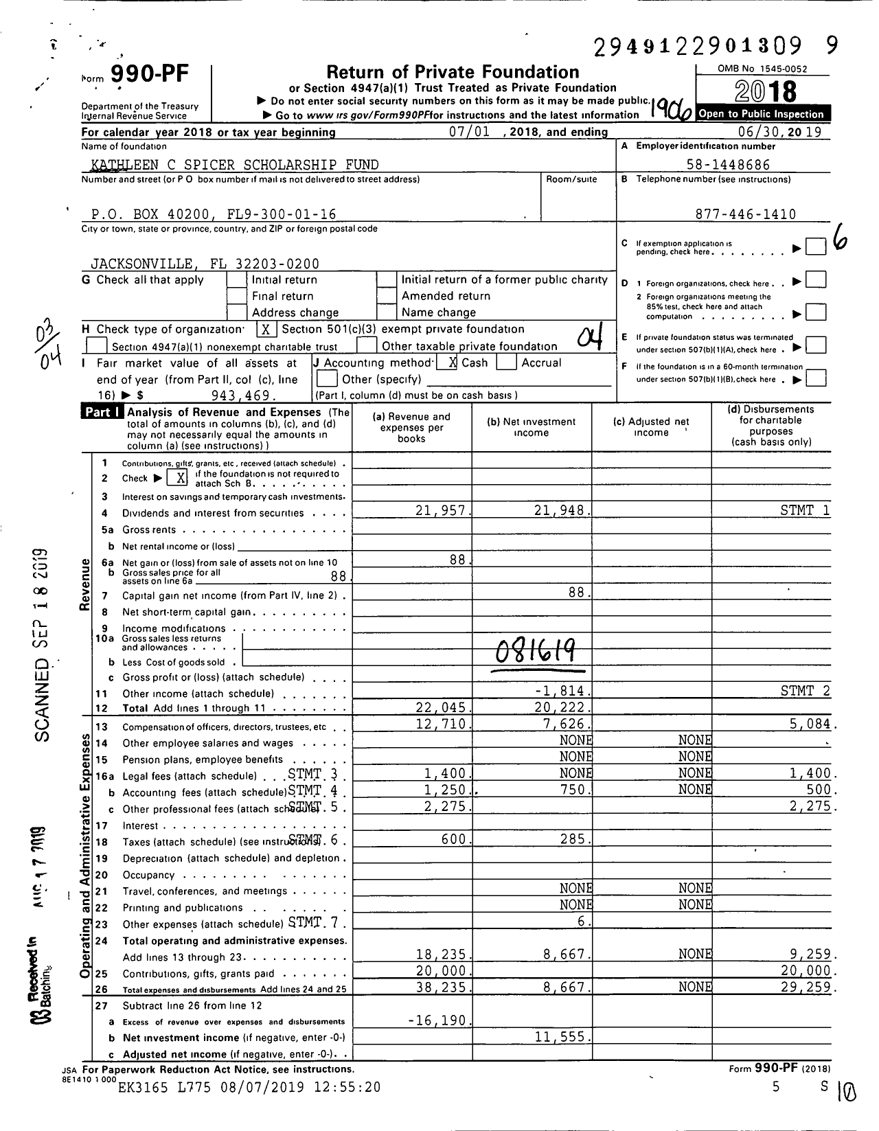 Image of first page of 2018 Form 990PF for Kathleen C Spicer Scholarship Fund