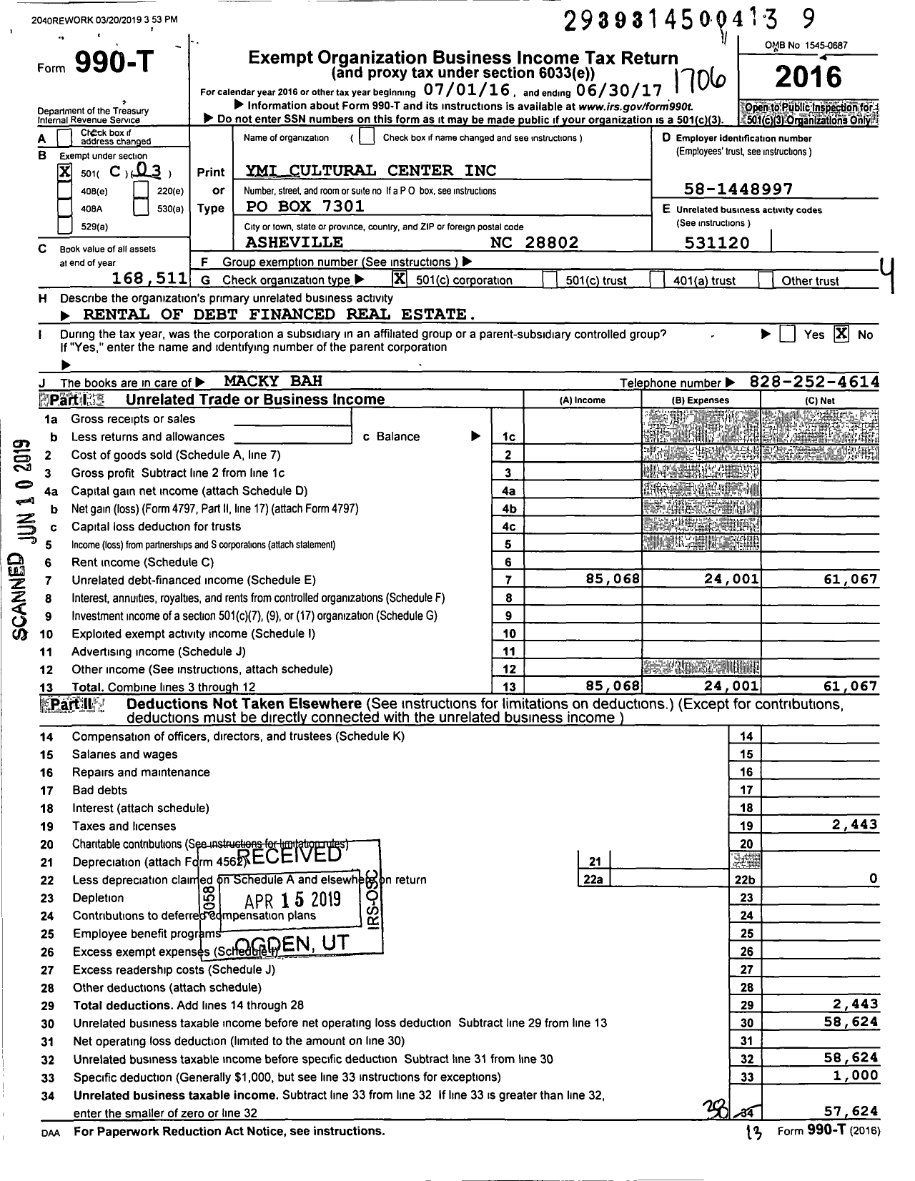 Image of first page of 2016 Form 990T for Ymi Cultural Center