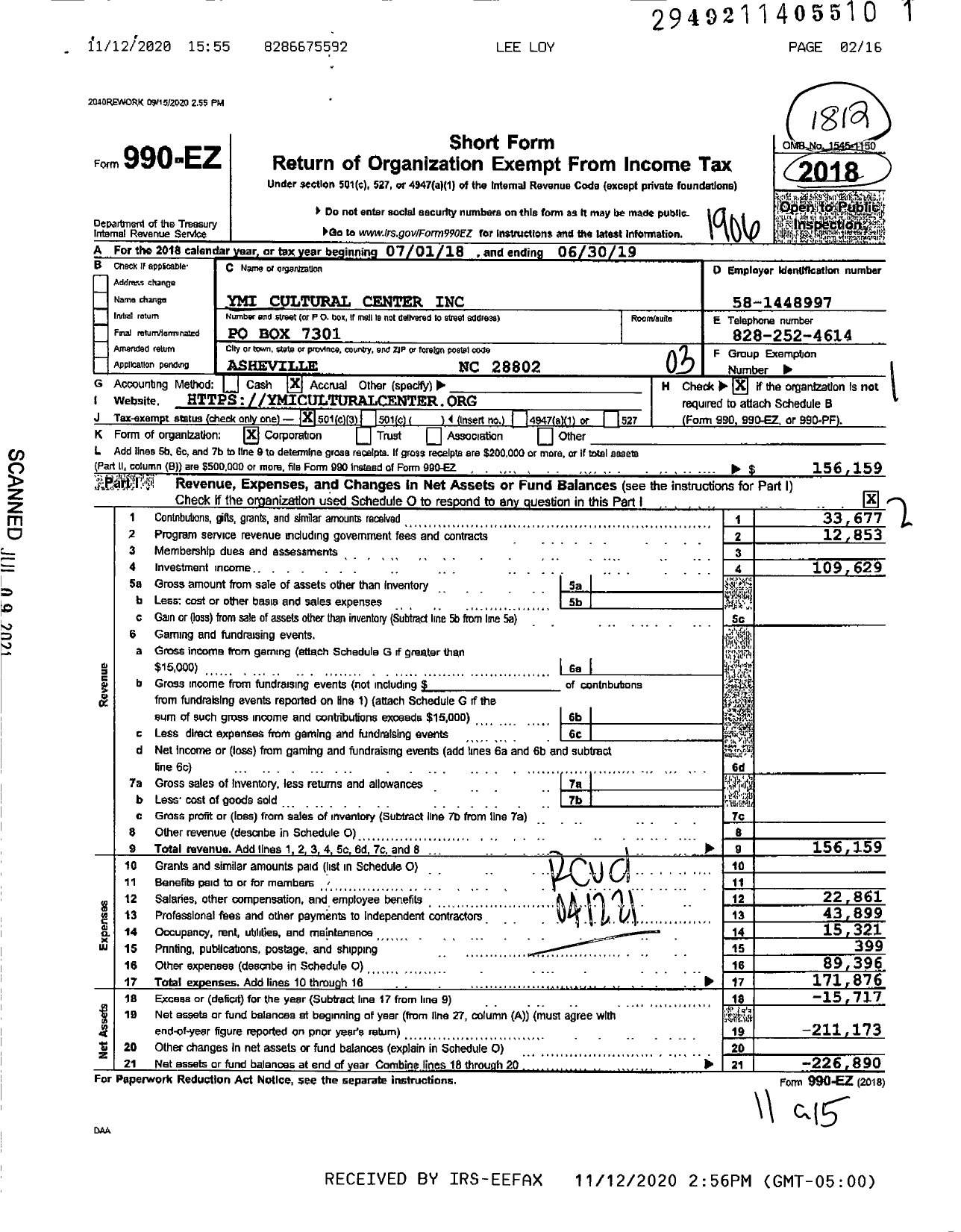 Image of first page of 2018 Form 990EZ for Ymi Cultural Center