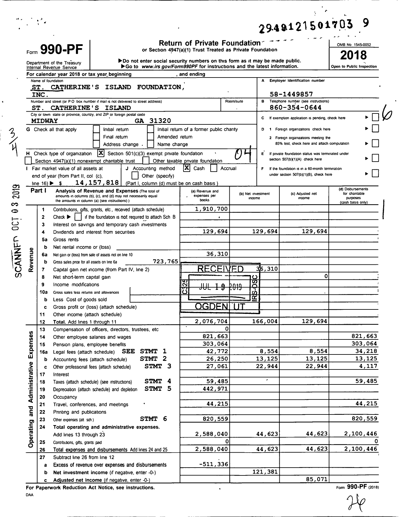 Image of first page of 2018 Form 990PF for St Catherine's Island Foundation