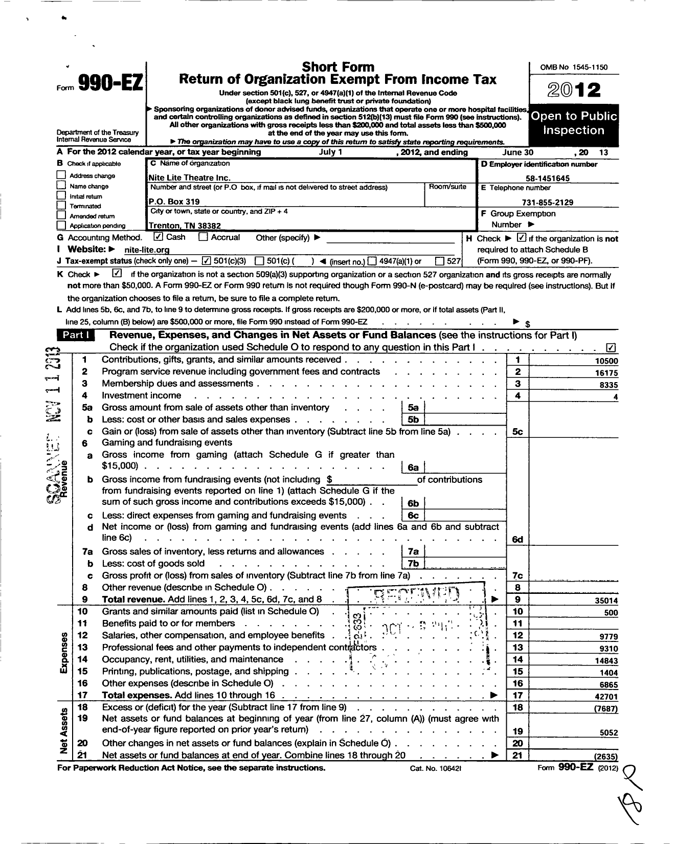 Image of first page of 2012 Form 990EZ for Nite Lite Theatre