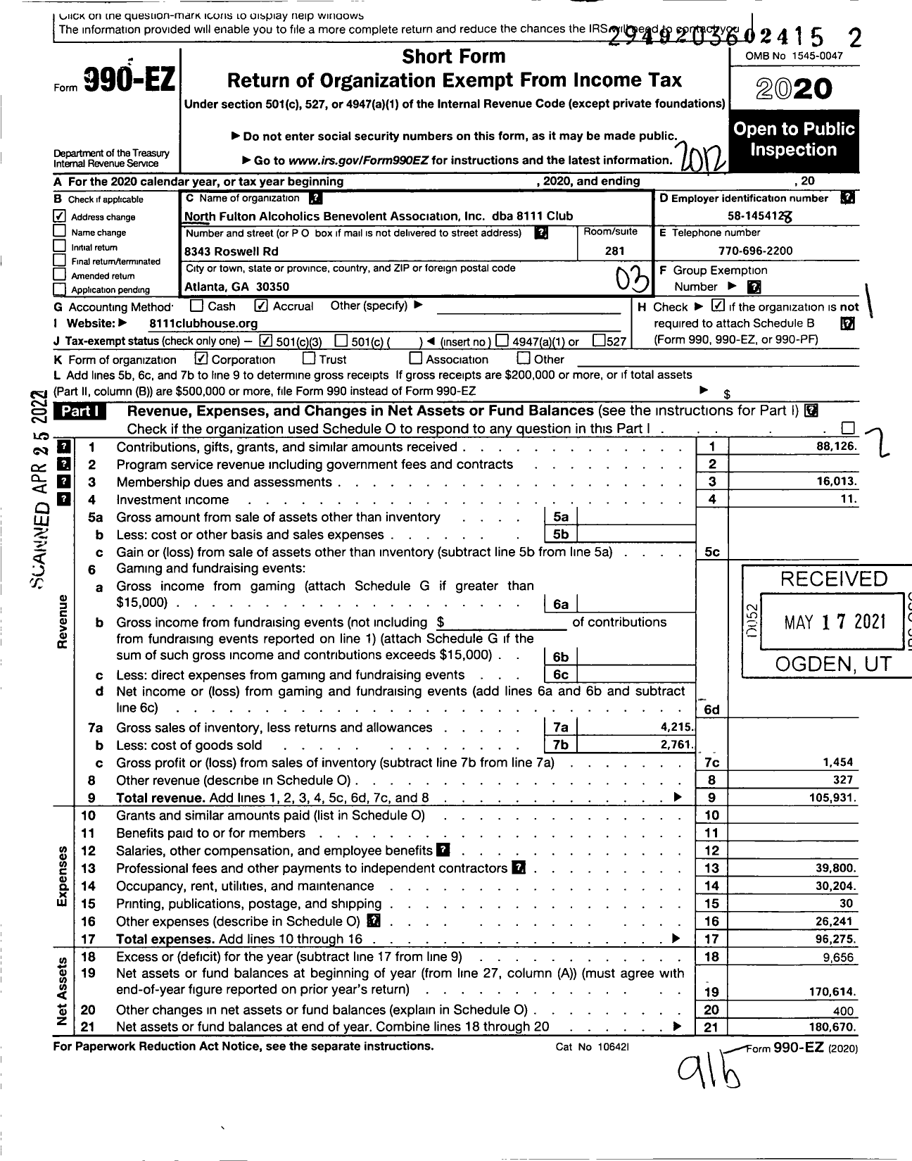 Image of first page of 2020 Form 990EZ for The 8111 Club