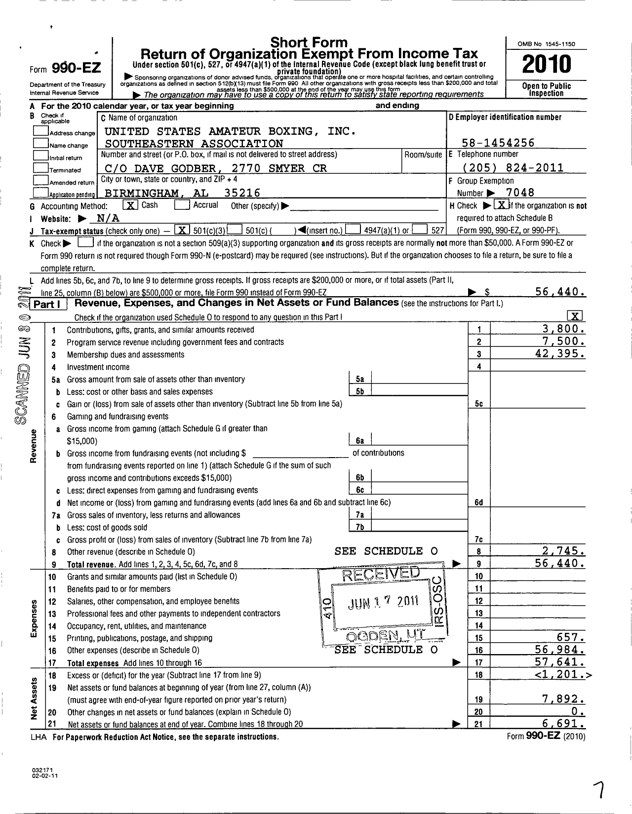 Image of first page of 2010 Form 990EZ for United States Amateur Boxing / Southeastern Assoc