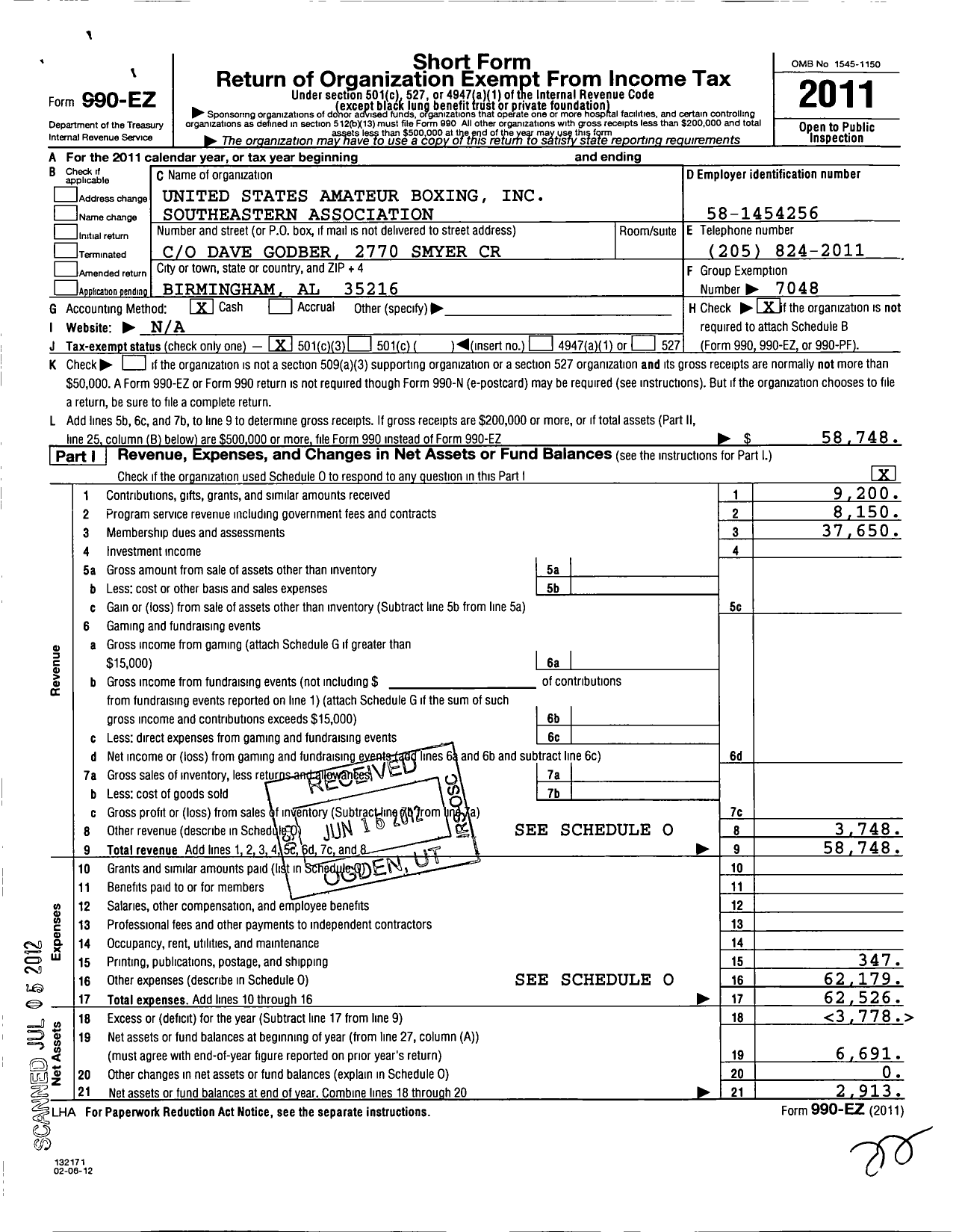 Image of first page of 2011 Form 990EZ for United States Amateur Boxing / Southeastern Assoc