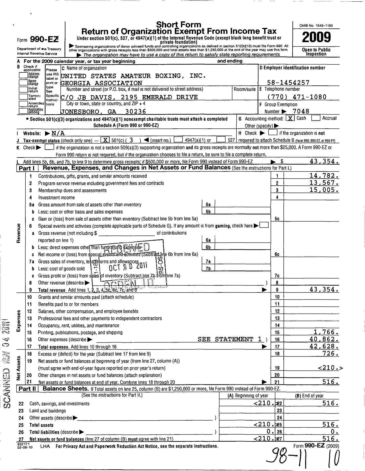 Image of first page of 2009 Form 990EZ for United States Amateur Boxing / Georgia Assoc