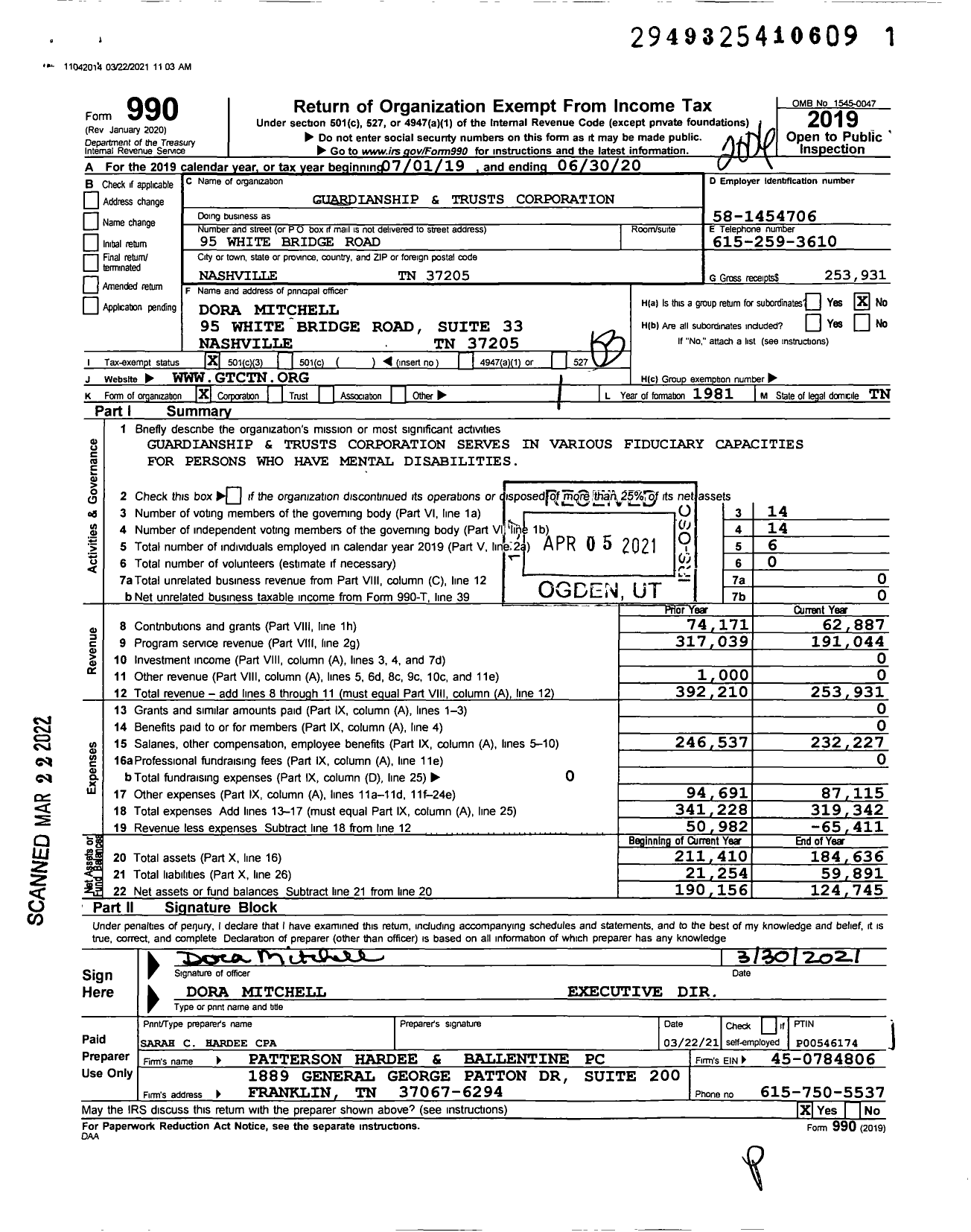 Image of first page of 2019 Form 990 for Guardianship and Trusts Corporation