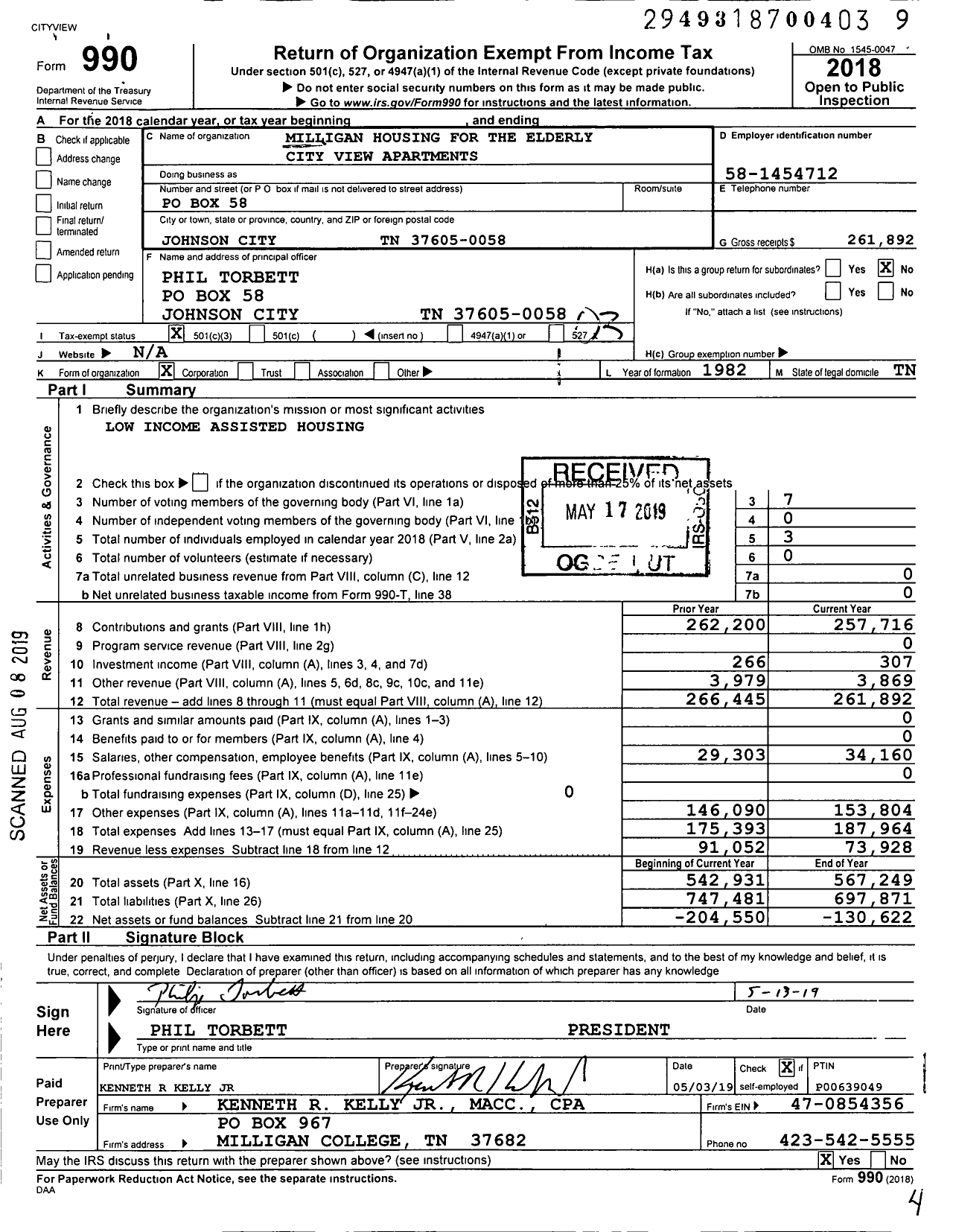 Image of first page of 2018 Form 990 for Milligan Housing for Elderly and Handicaped City View Apartments