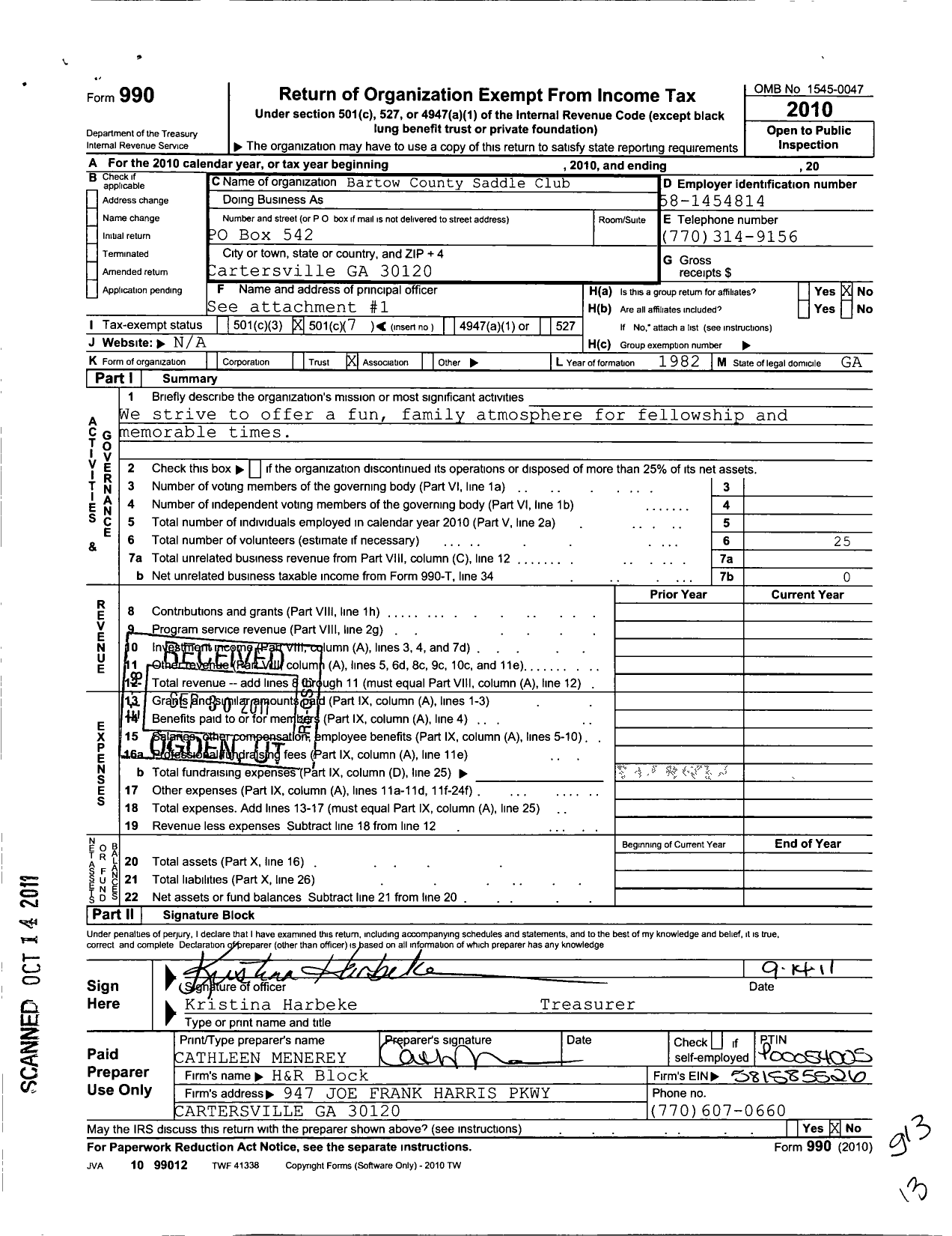 Image of first page of 2010 Form 990O for Bartow County Saddle Club