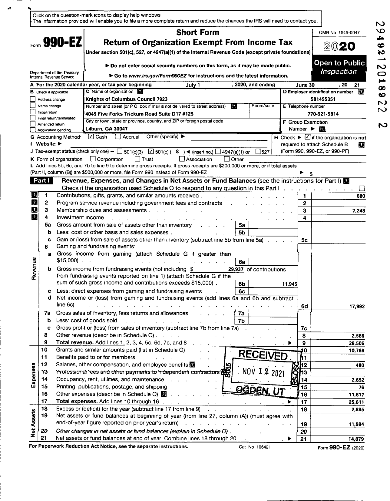 Image of first page of 2020 Form 990EO for Knights of Columbus - 7923 Arch Thomas A Donnellan CNL