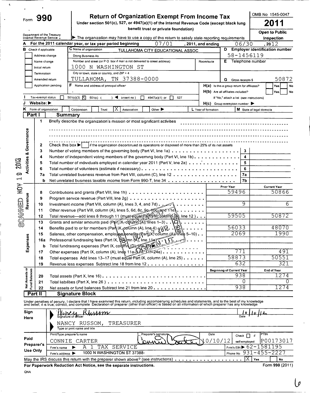 Image of first page of 2011 Form 990O for Tullahoma City Educational Association