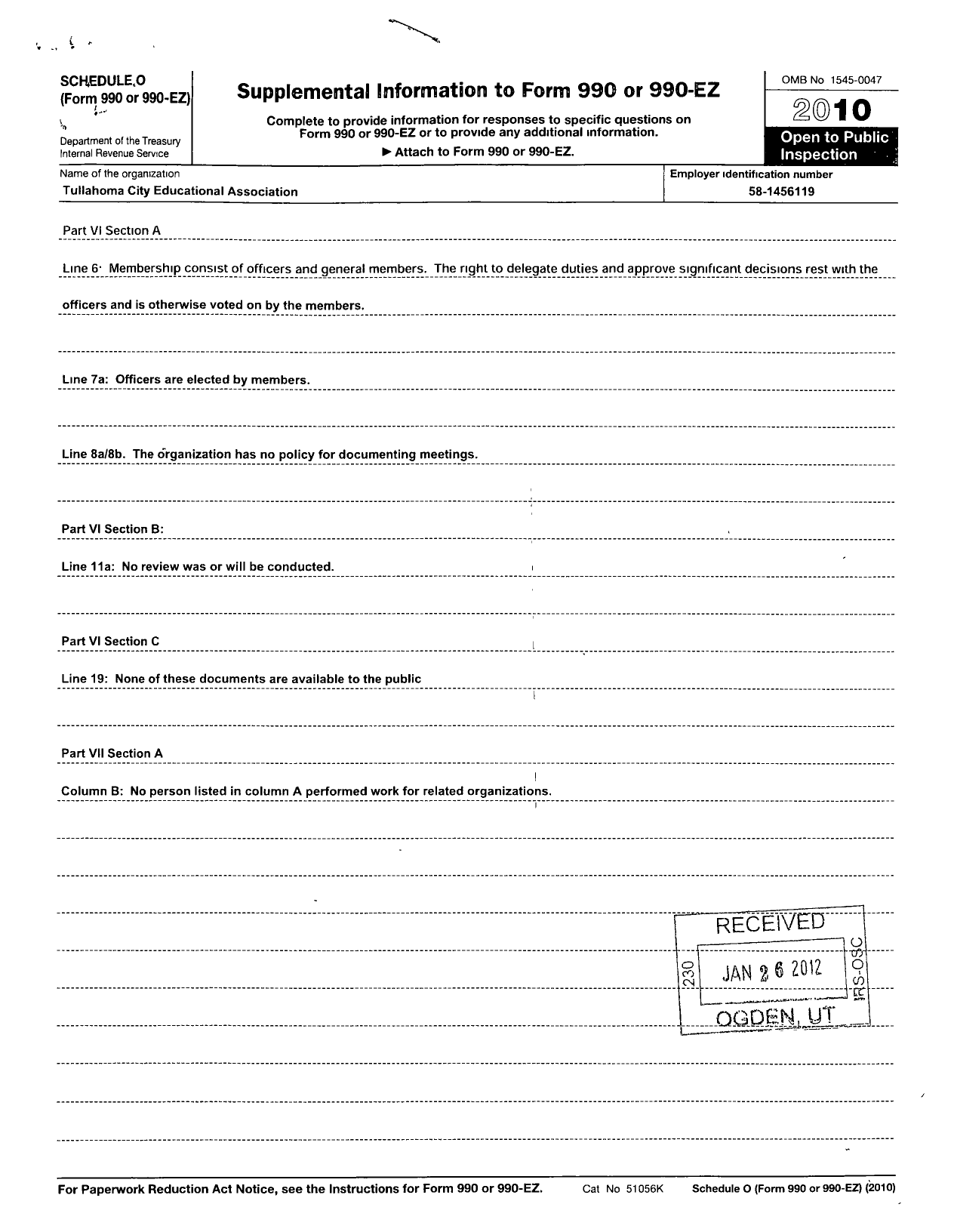 Image of first page of 2010 Form 990OR for Tullahoma City Educational Association