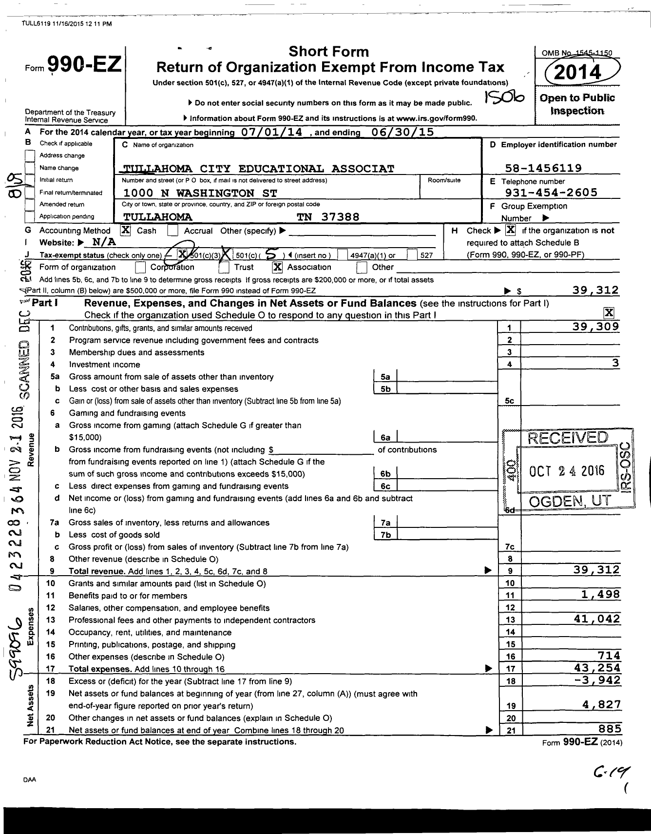 Image of first page of 2014 Form 990EO for Tullahoma City Educational Association