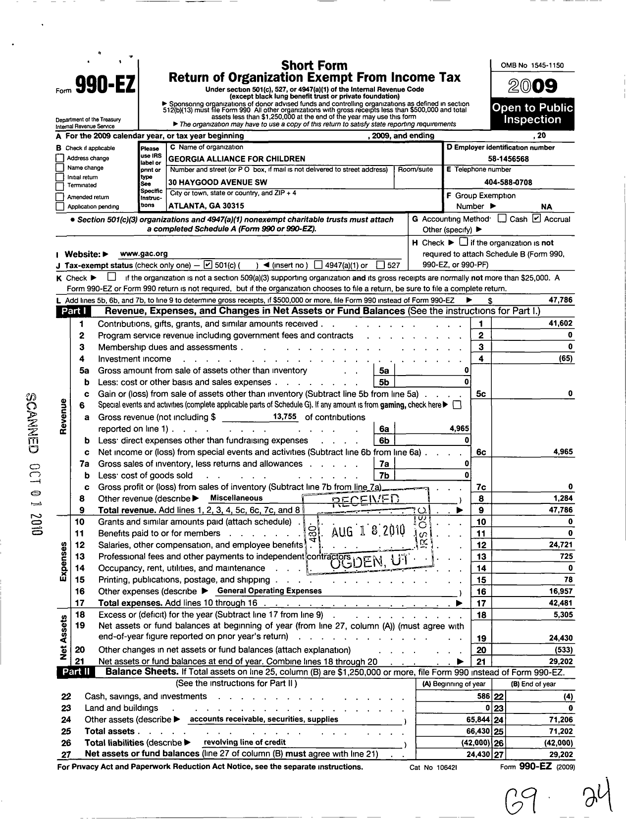 Image of first page of 2009 Form 990EO for Georgia Alliance for Children