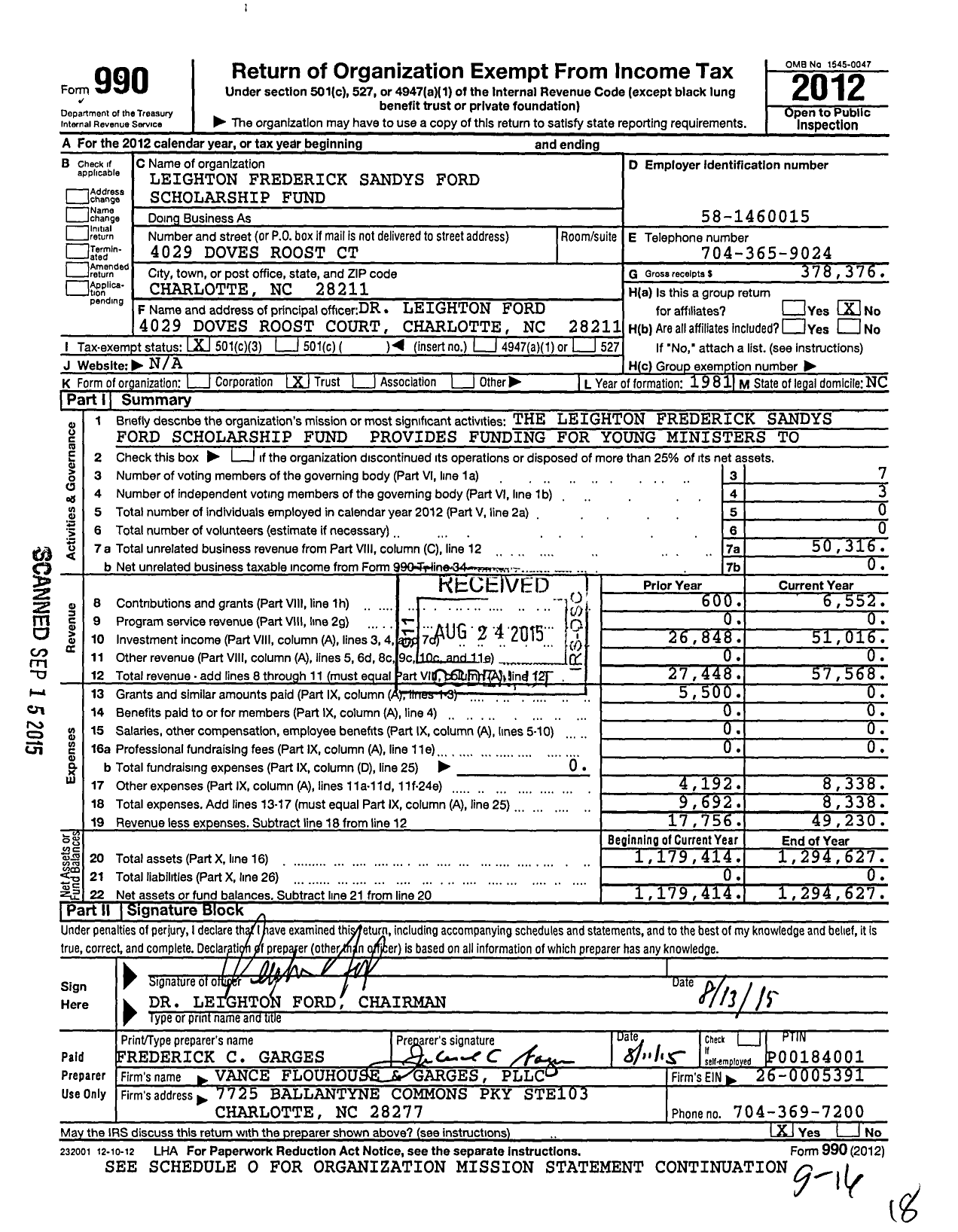 Image of first page of 2012 Form 990 for Leighton Frederick Sandys Ford JR Scholarship Fund