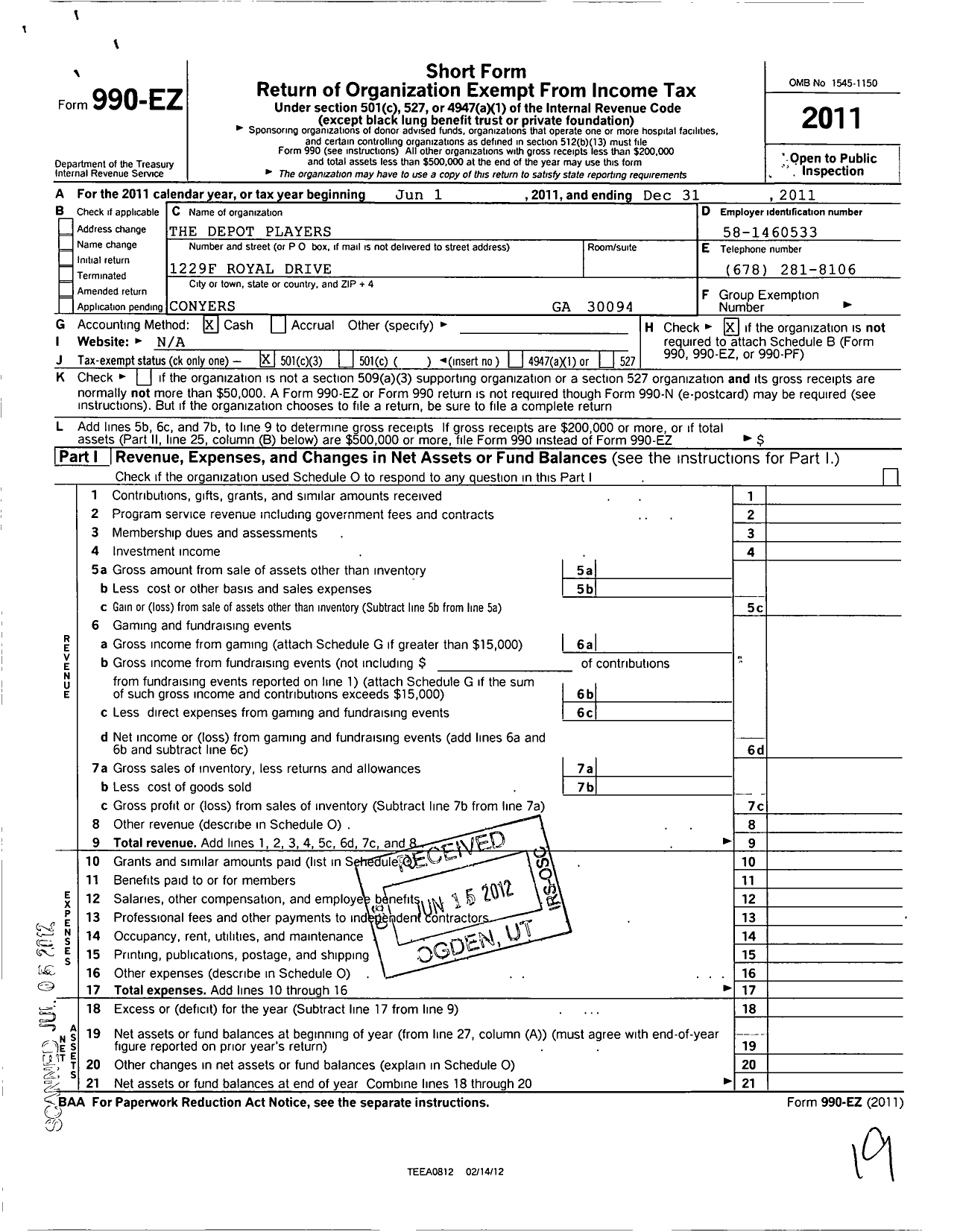 Image of first page of 2011 Form 990EZ for Depot Players
