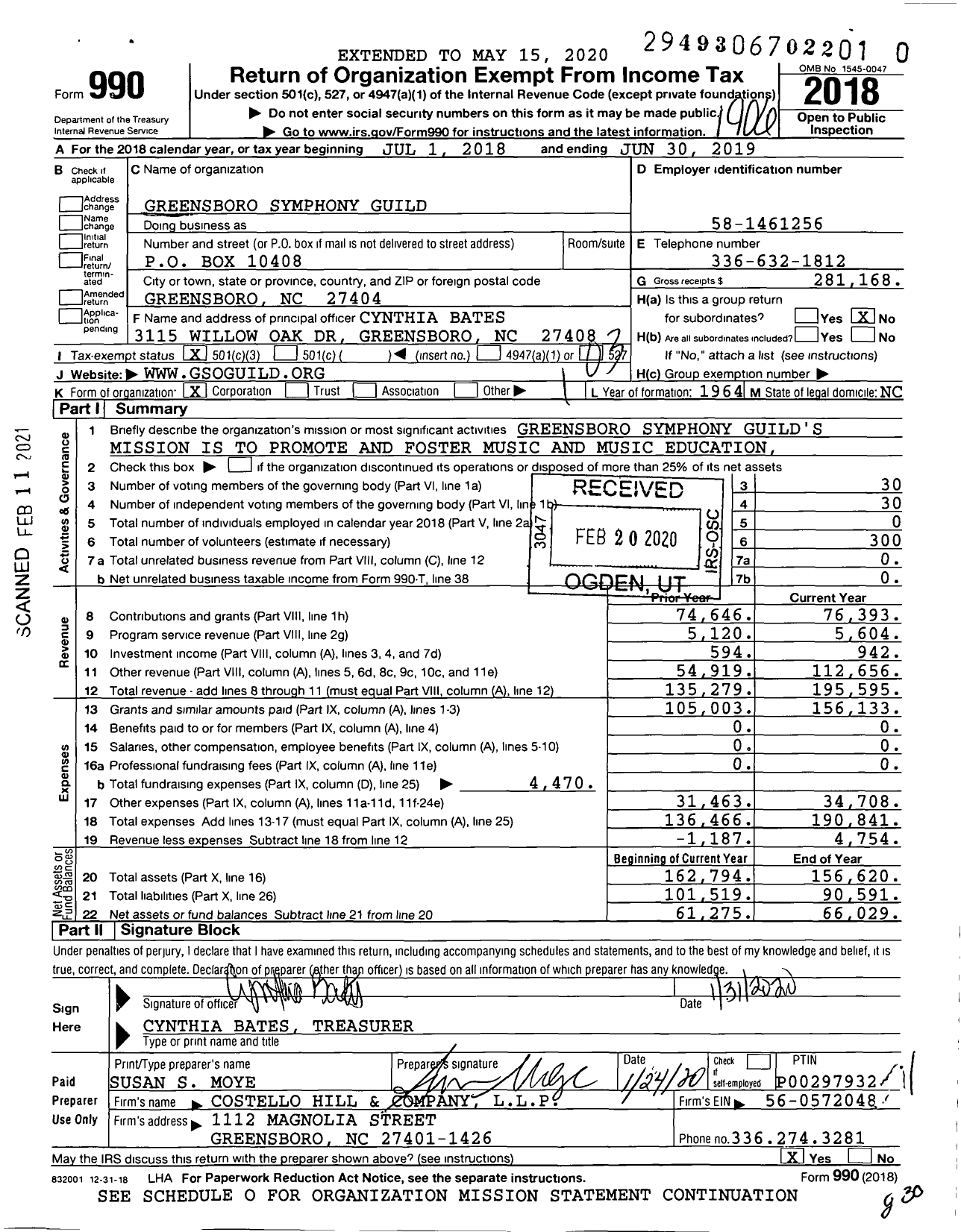 Image of first page of 2018 Form 990 for Greensboro Symphony Guild