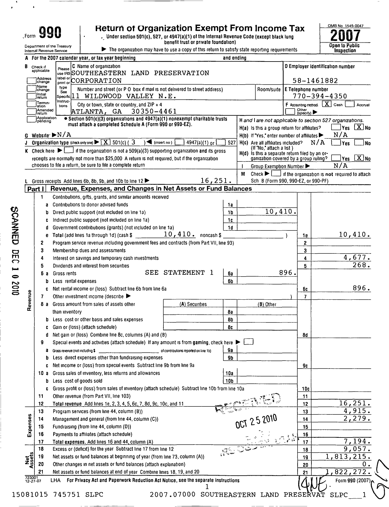 Image of first page of 2007 Form 990 for Southeastern Land Preservation Corporation