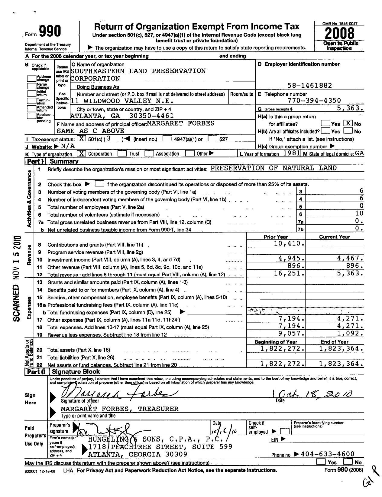 Image of first page of 2008 Form 990 for Southeastern Land Preservation Corporation
