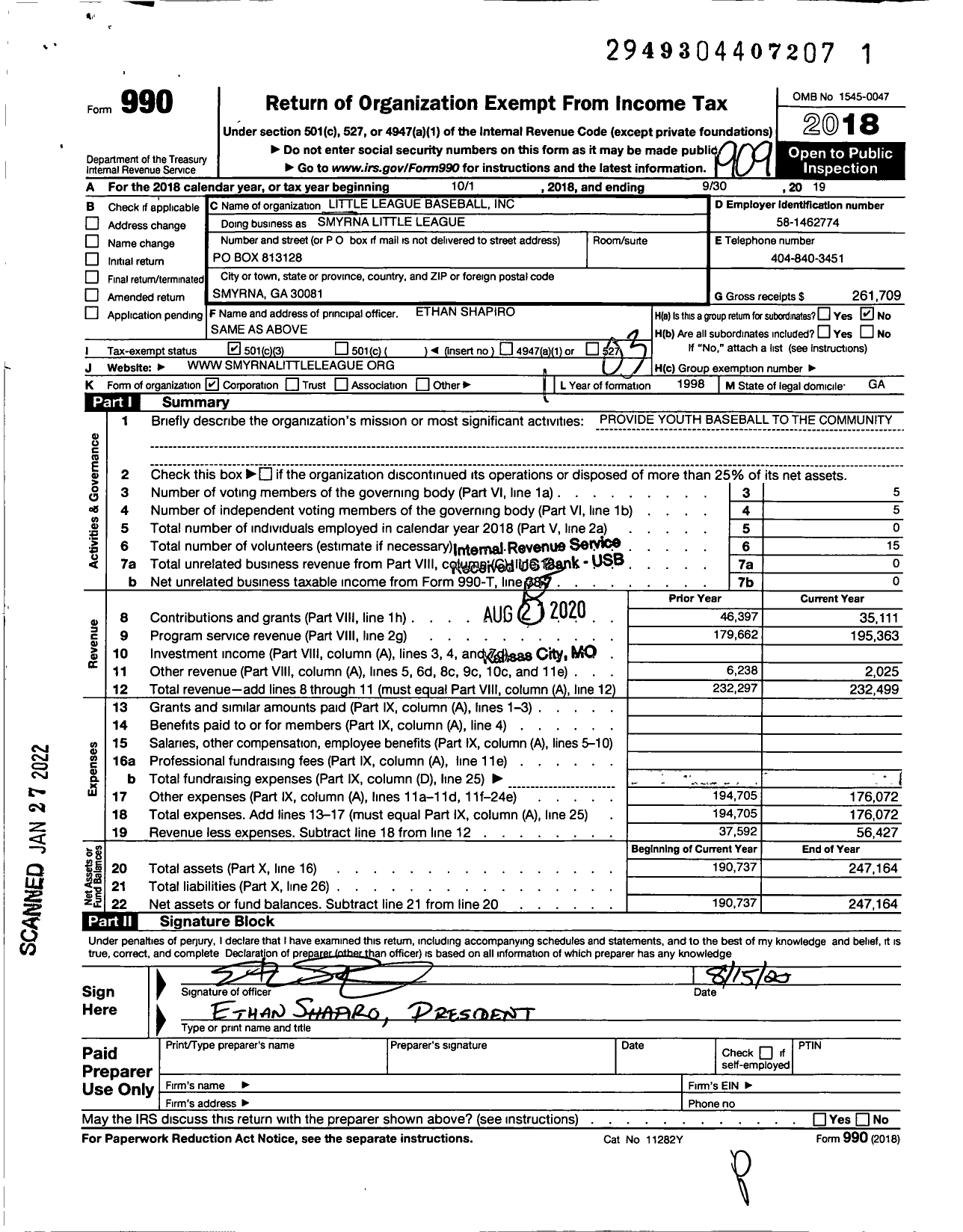 Image of first page of 2018 Form 990 for Little League Baseball - Smyrna Little League