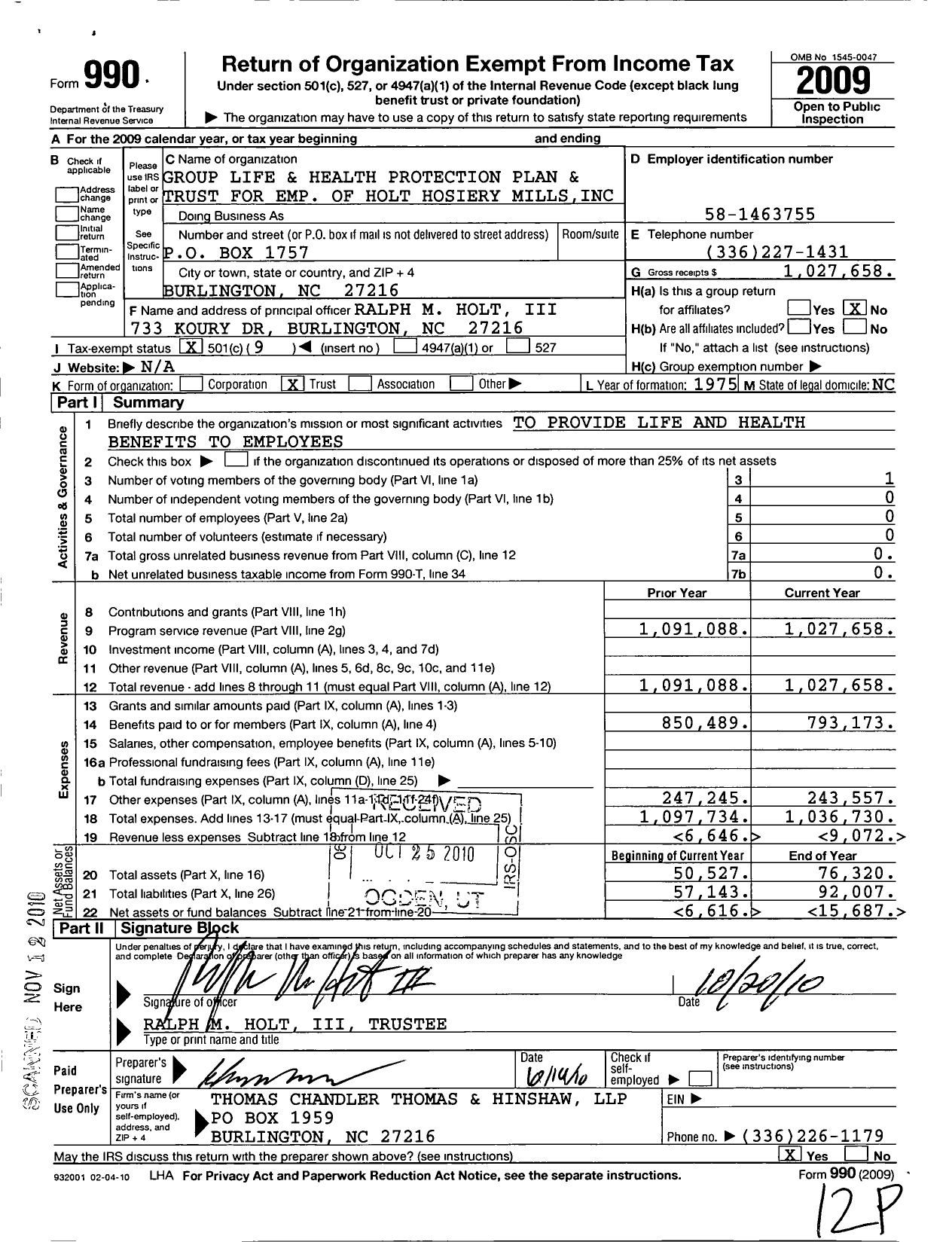 Image of first page of 2009 Form 990O for Holt Hosiery Mills Group Life and Health Protection Plan and Trust for