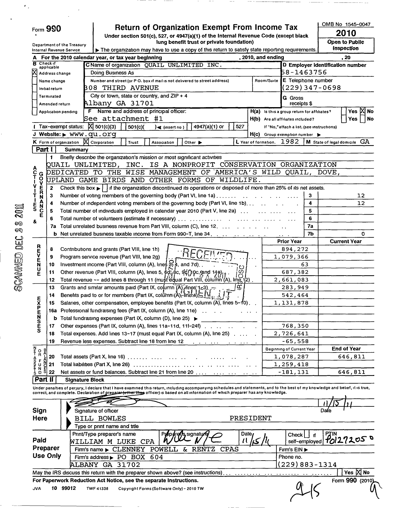 Image of first page of 2010 Form 990 for Quail Unlimited