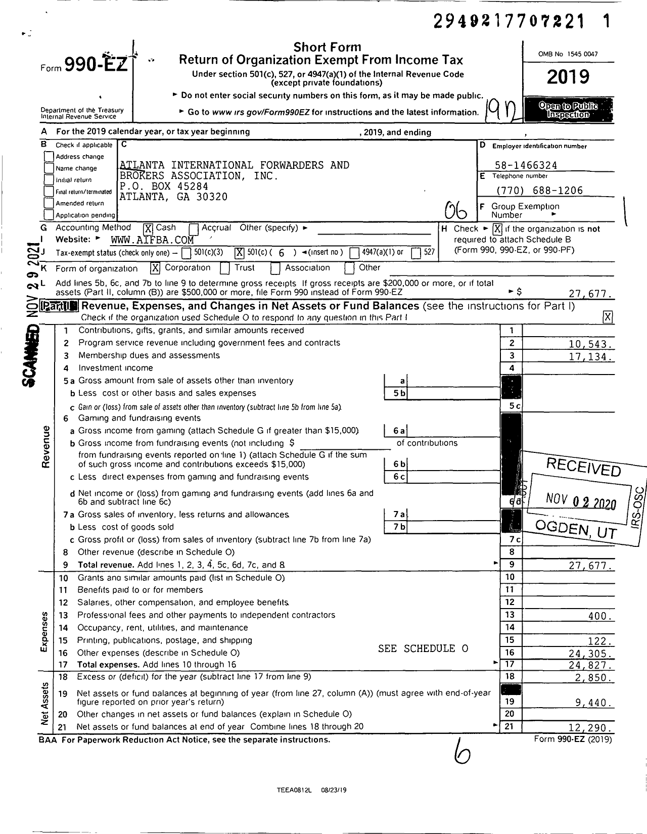 Image of first page of 2019 Form 990EO for Atlanta International Forwarders and Brokers Association