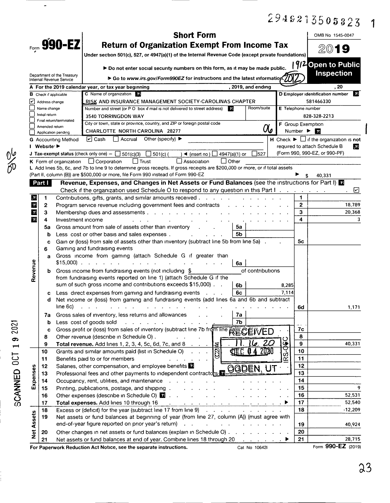 Image of first page of 2019 Form 990EO for Risk and Insurance Management Society Carolinas Chapter