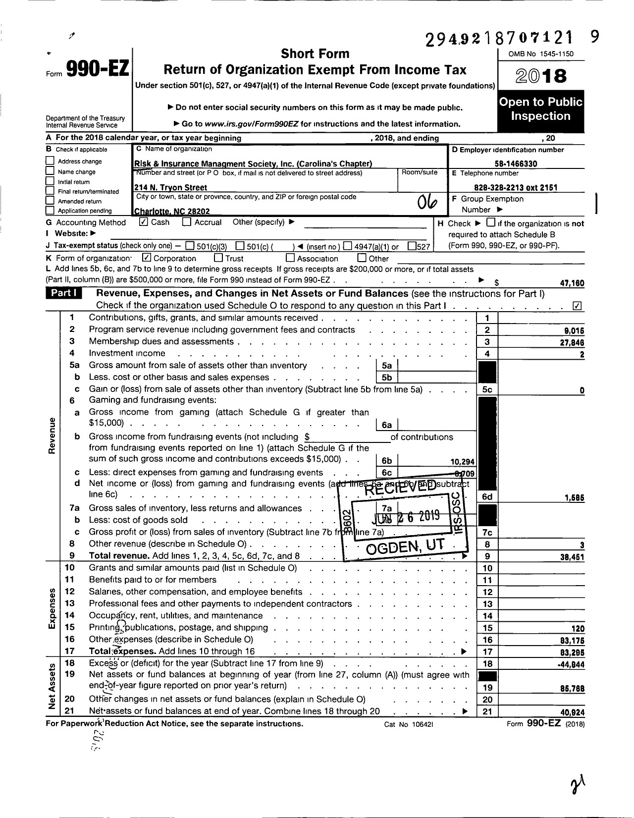 Image of first page of 2018 Form 990EO for Risk and Insurance Management Society Carolinas Chapter