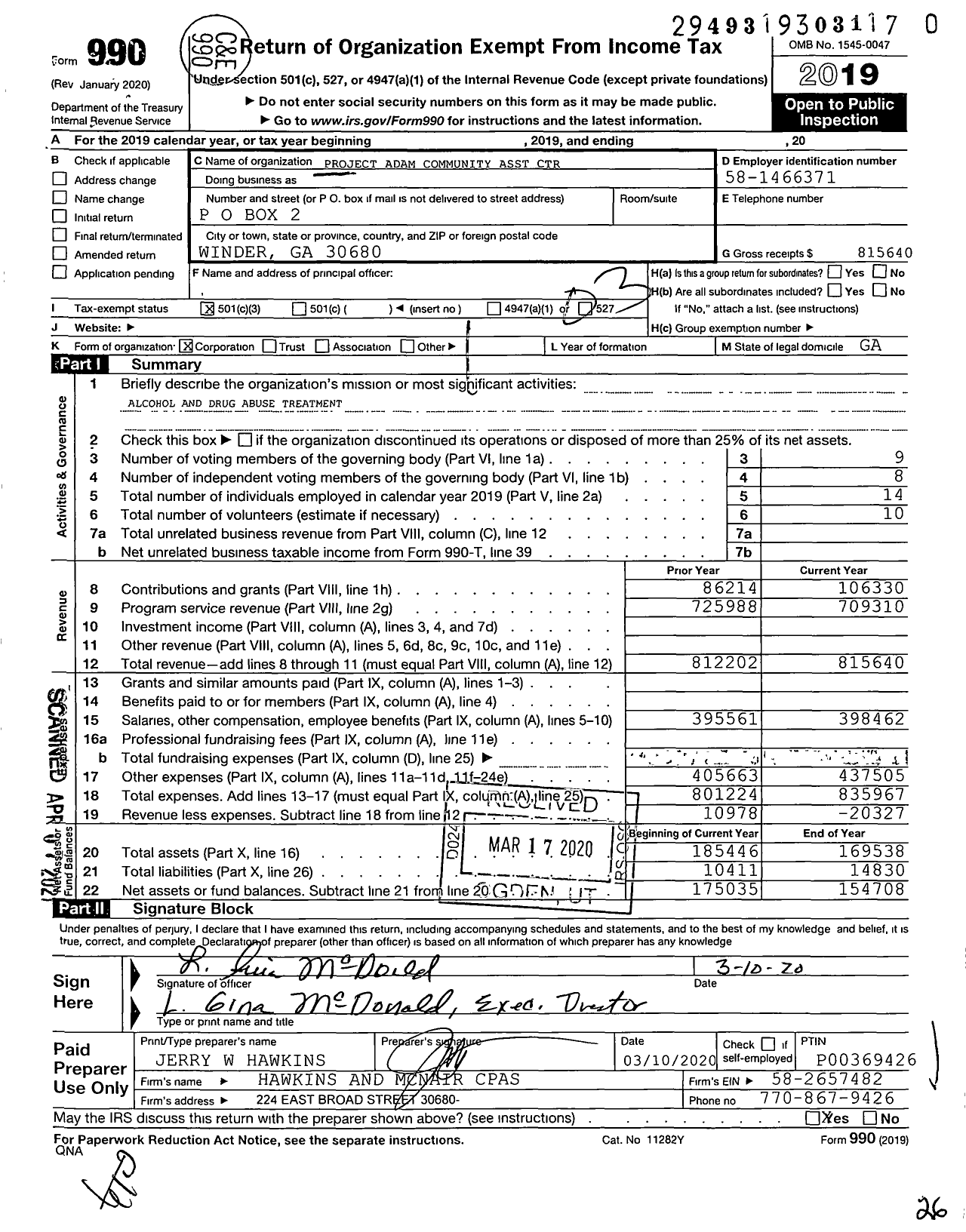 Image of first page of 2019 Form 990 for Project Adam Community Asst Center