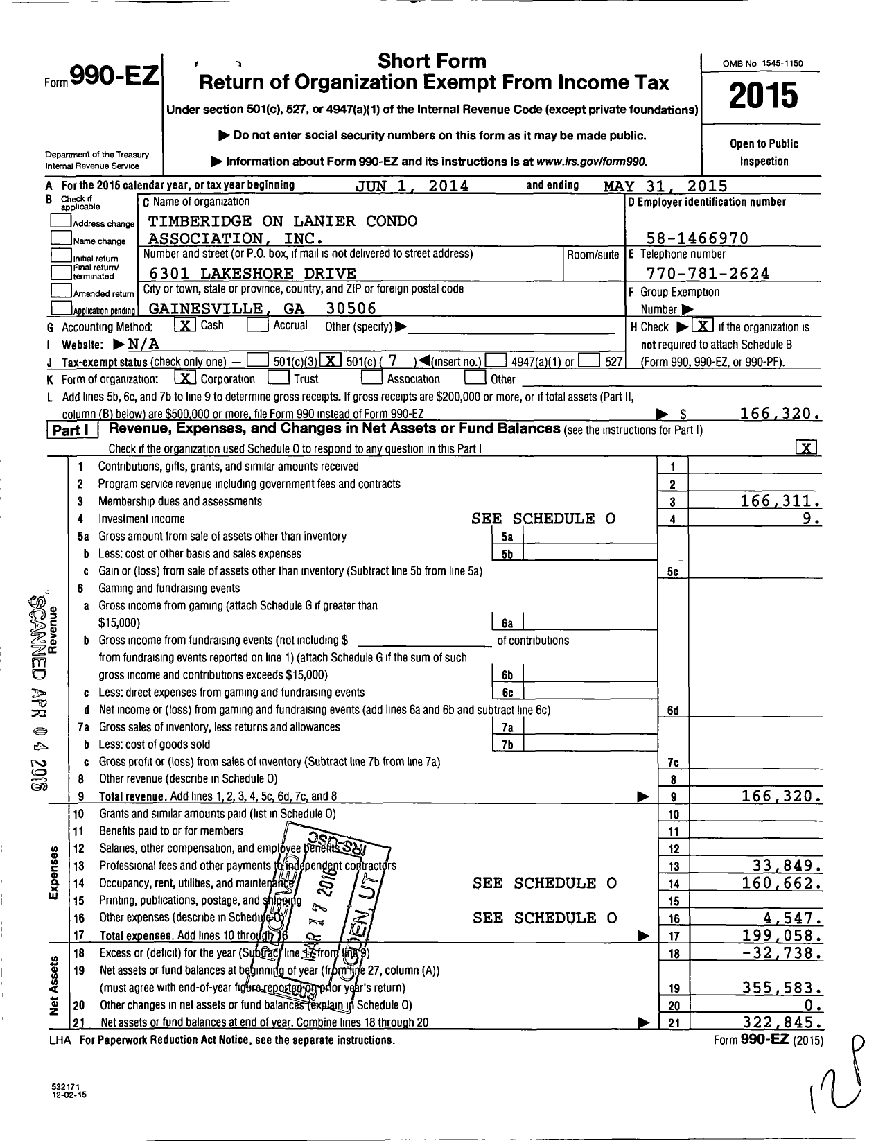 Image of first page of 2014 Form 990EO for Timberidge on Lanier Condo Association