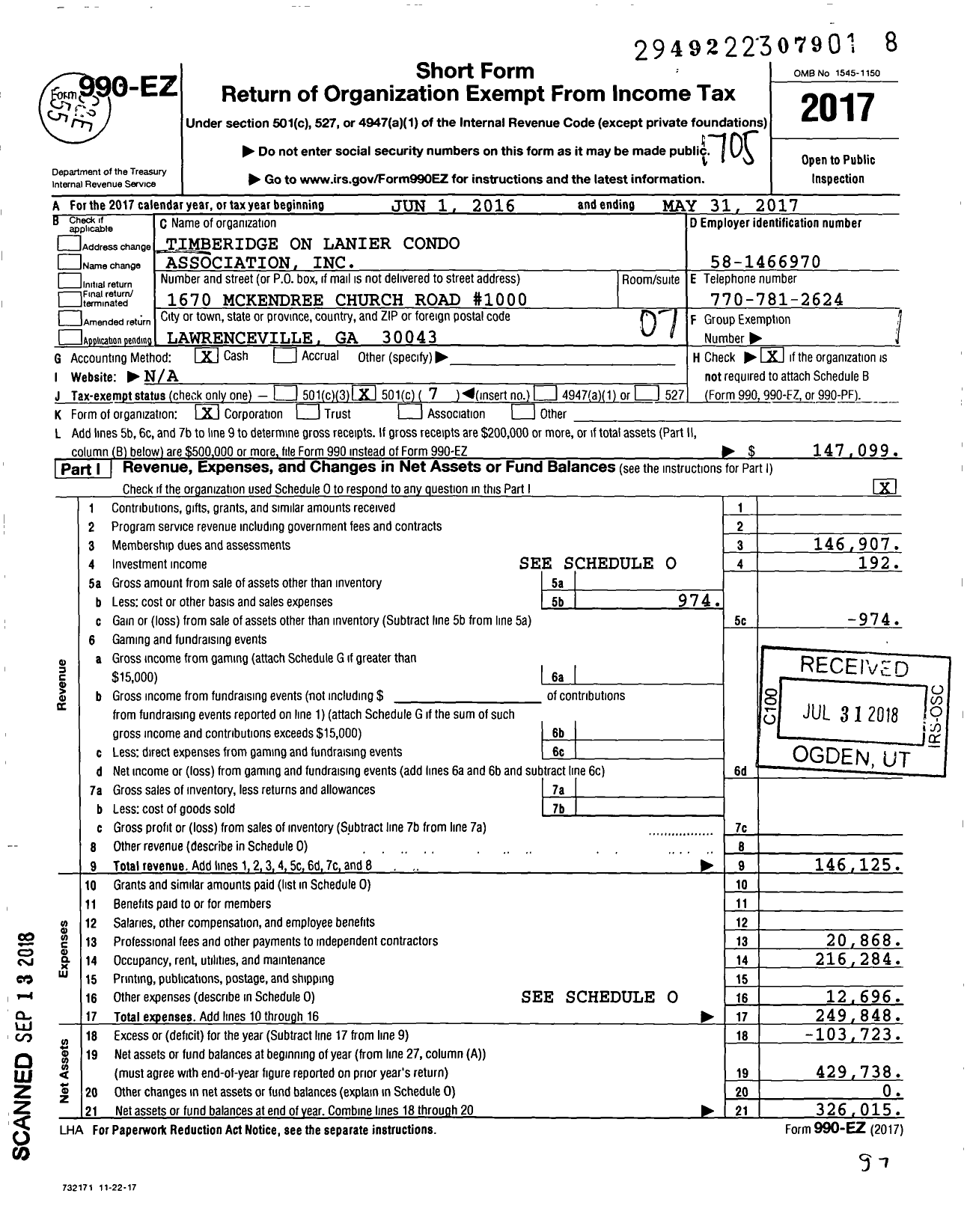 Image of first page of 2016 Form 990EO for Timberidge on Lanier Condo Association