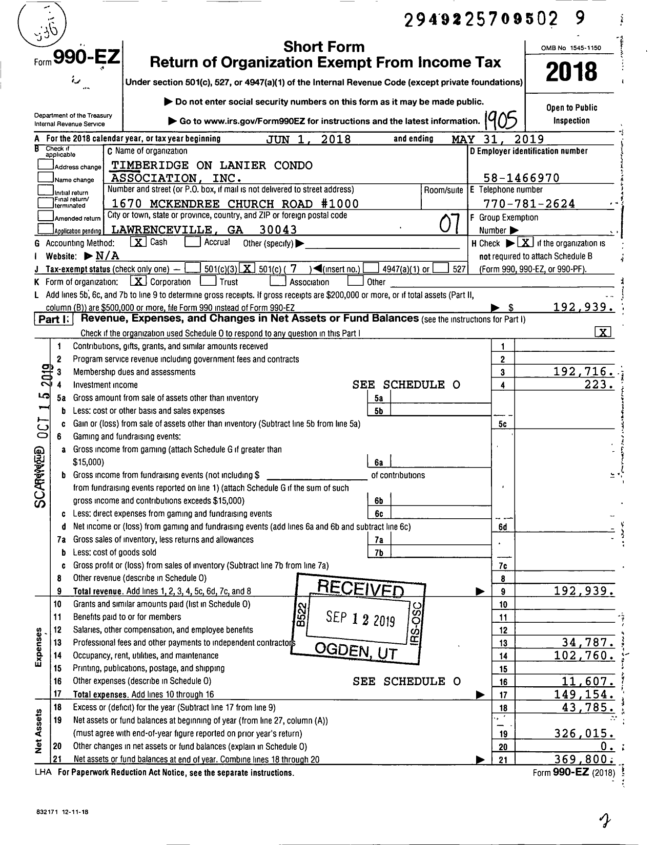 Image of first page of 2018 Form 990EO for Timberidge on Lanier Condo Association