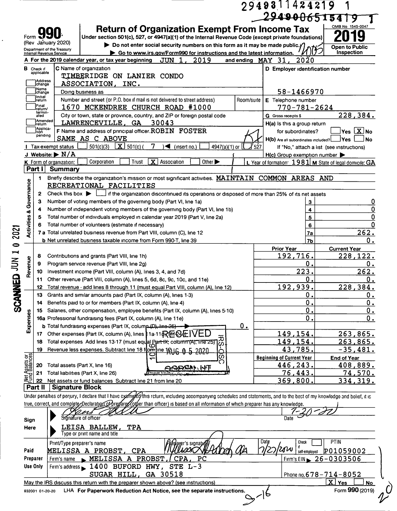 Image of first page of 2019 Form 990O for Timberidge on Lanier Condo Association