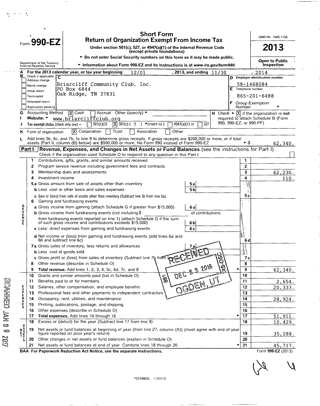 Image of first page of 2013 Form 990EO for Briarcliff Community Club