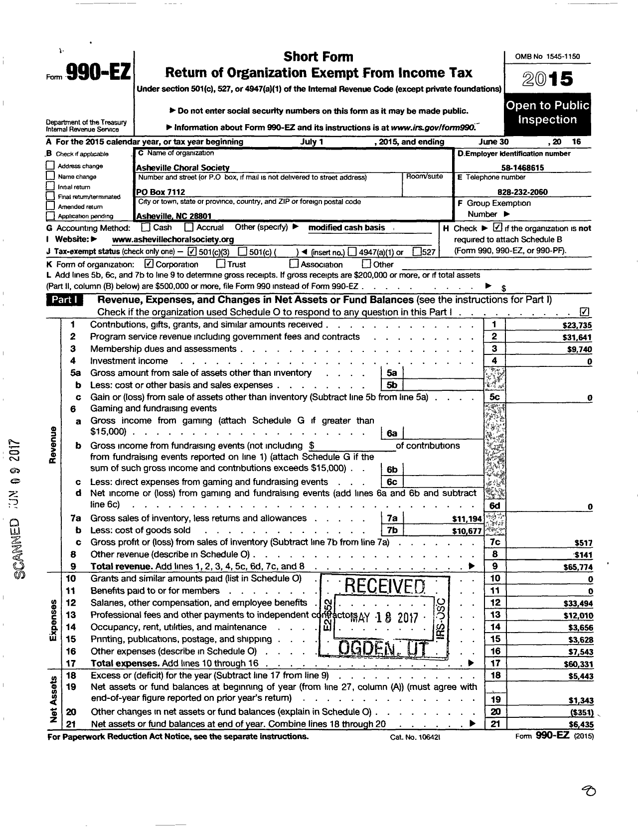 Image of first page of 2015 Form 990EZ for Asheville Choral Society