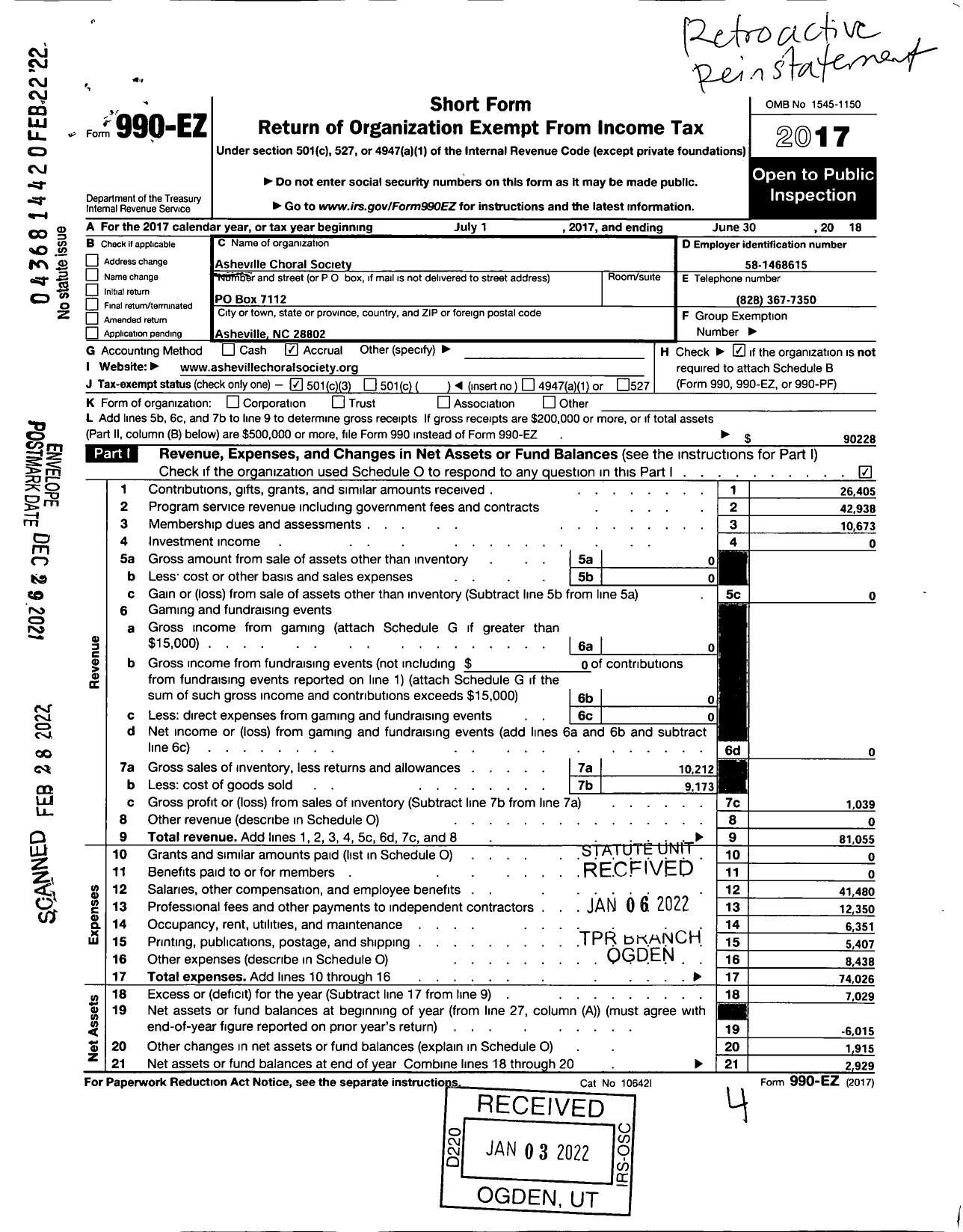 Image of first page of 2017 Form 990EA for Asheville Choral Society