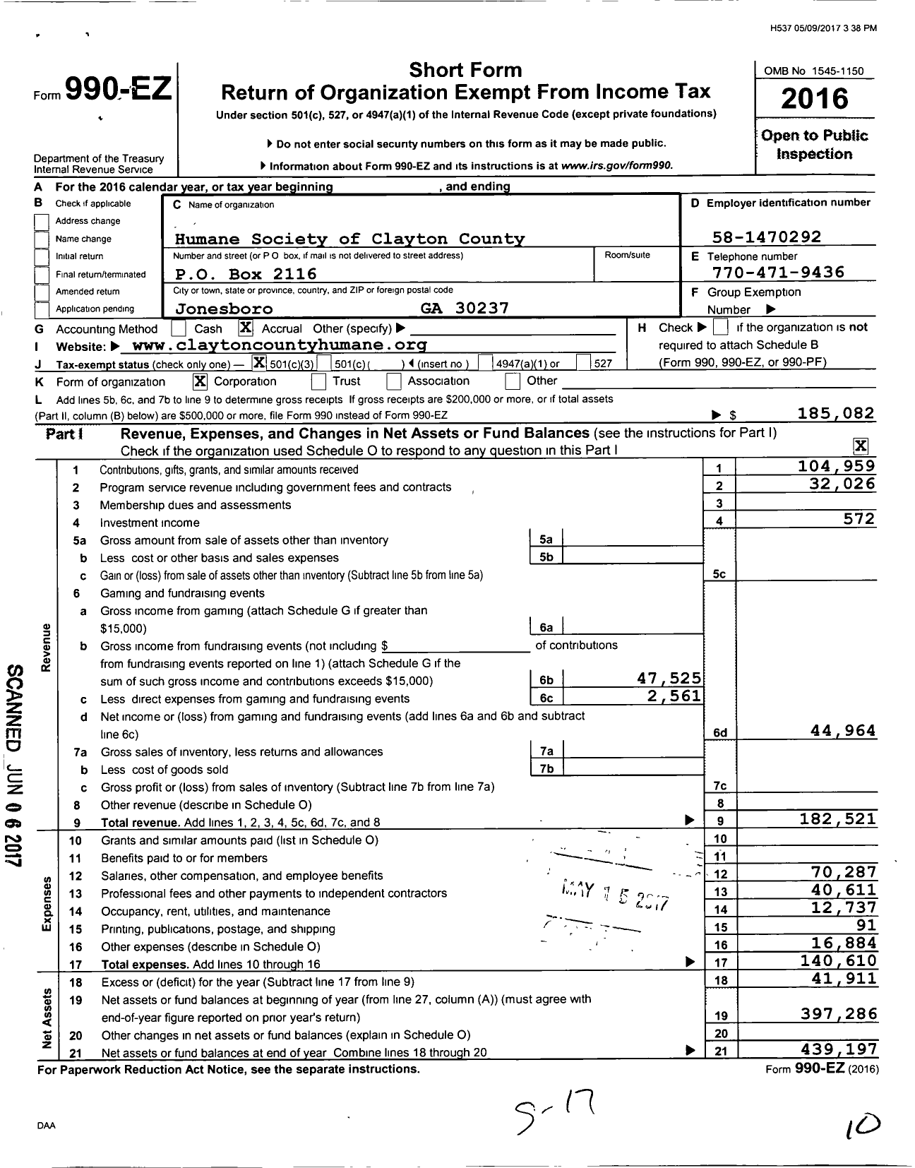 Image of first page of 2016 Form 990EZ for Humane Society of Clayton County