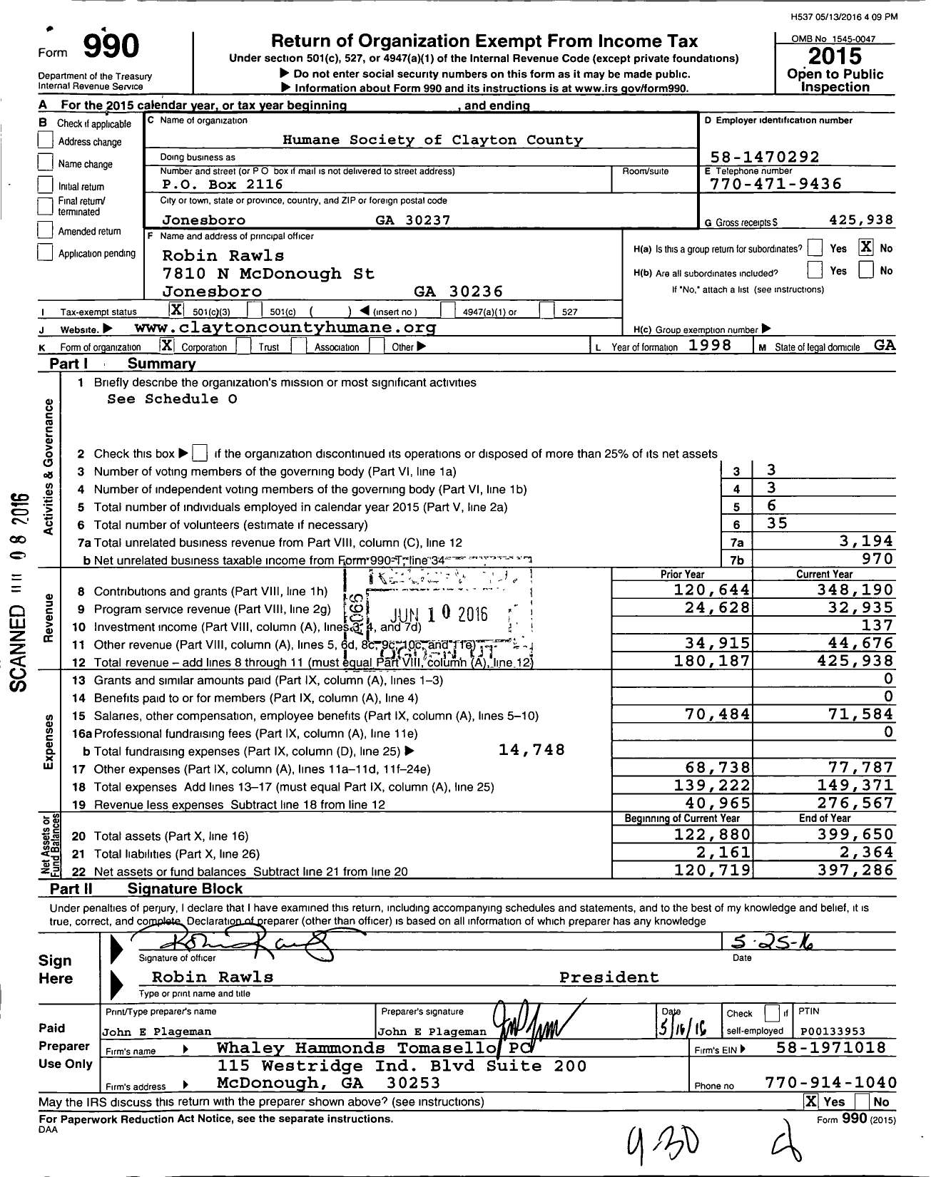 Image of first page of 2015 Form 990 for Humane Society of Clayton County