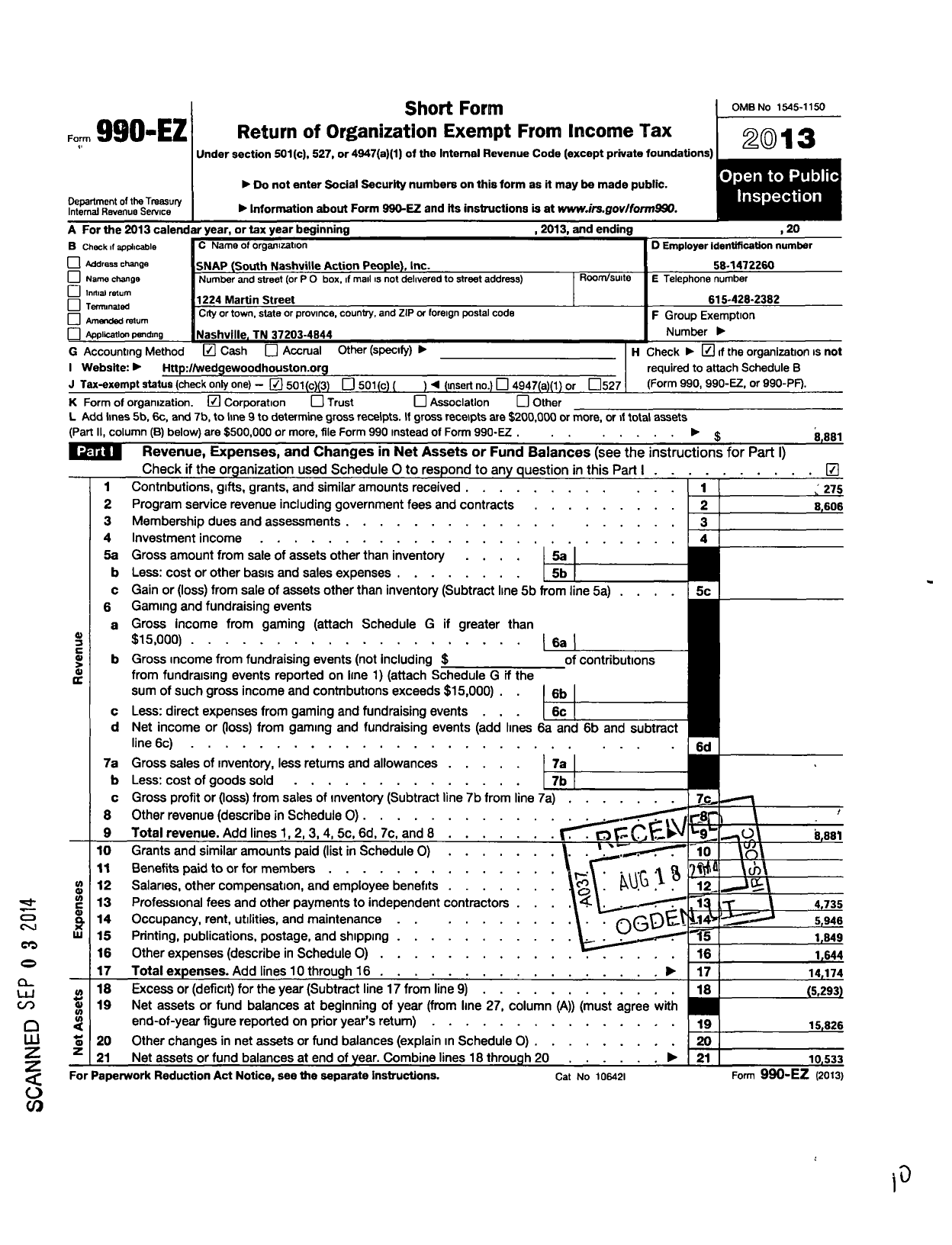 Image of first page of 2013 Form 990EZ for South Nashville Action People