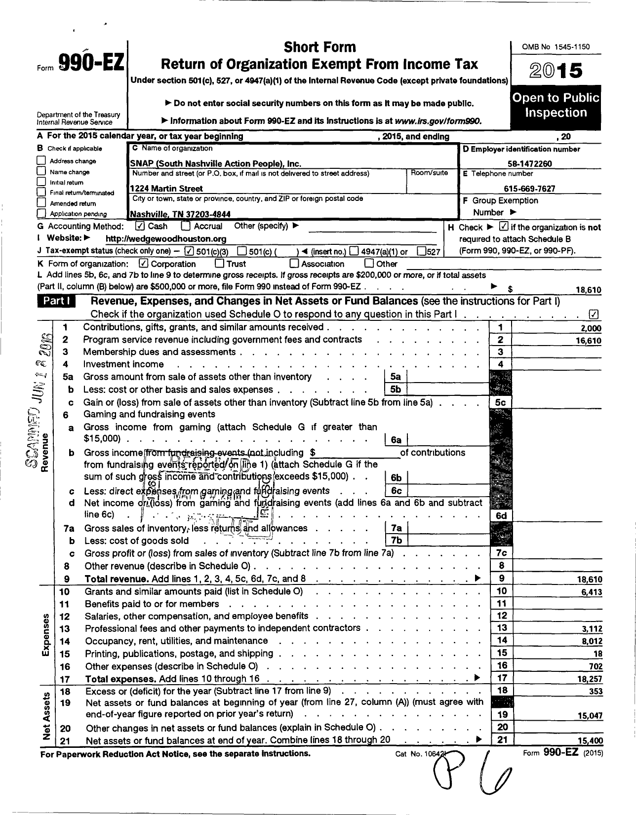 Image of first page of 2015 Form 990EZ for South Nashville Action People