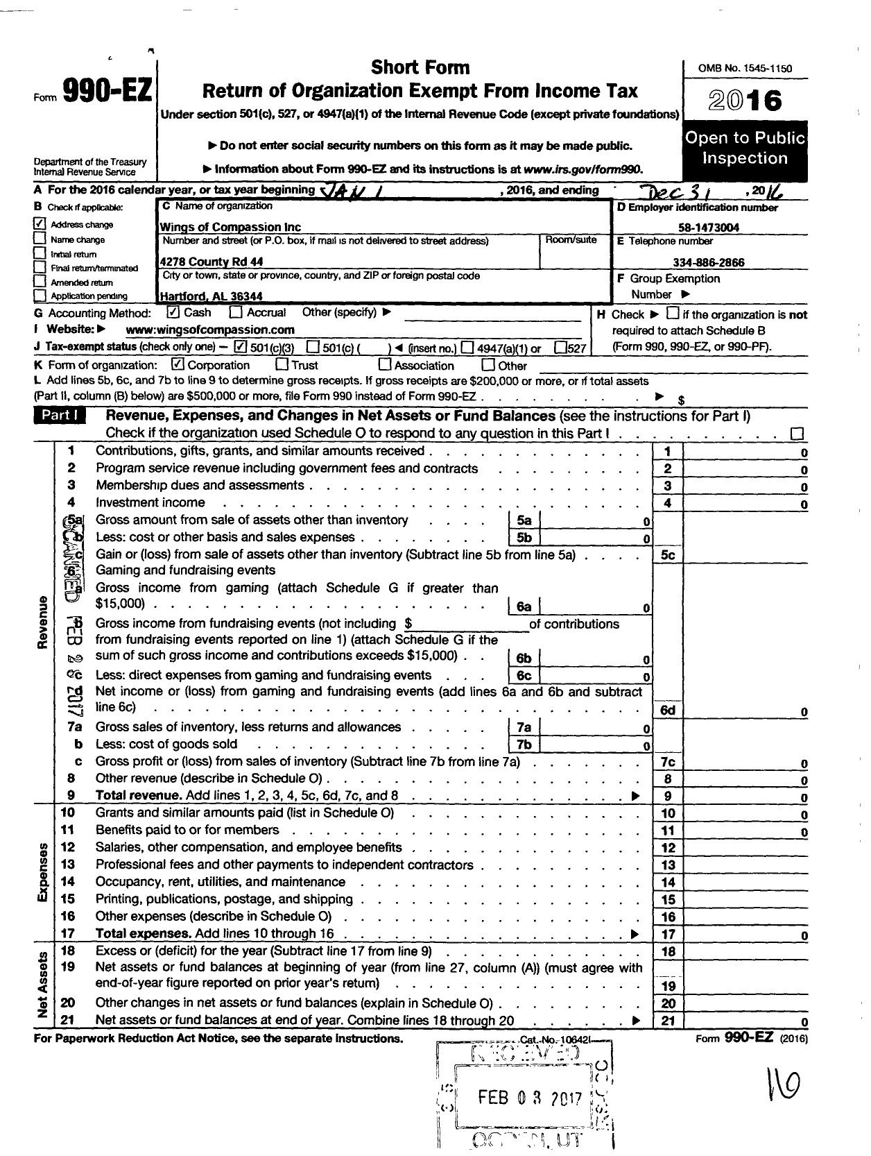 Image of first page of 2016 Form 990EZ for Wings of Compassion