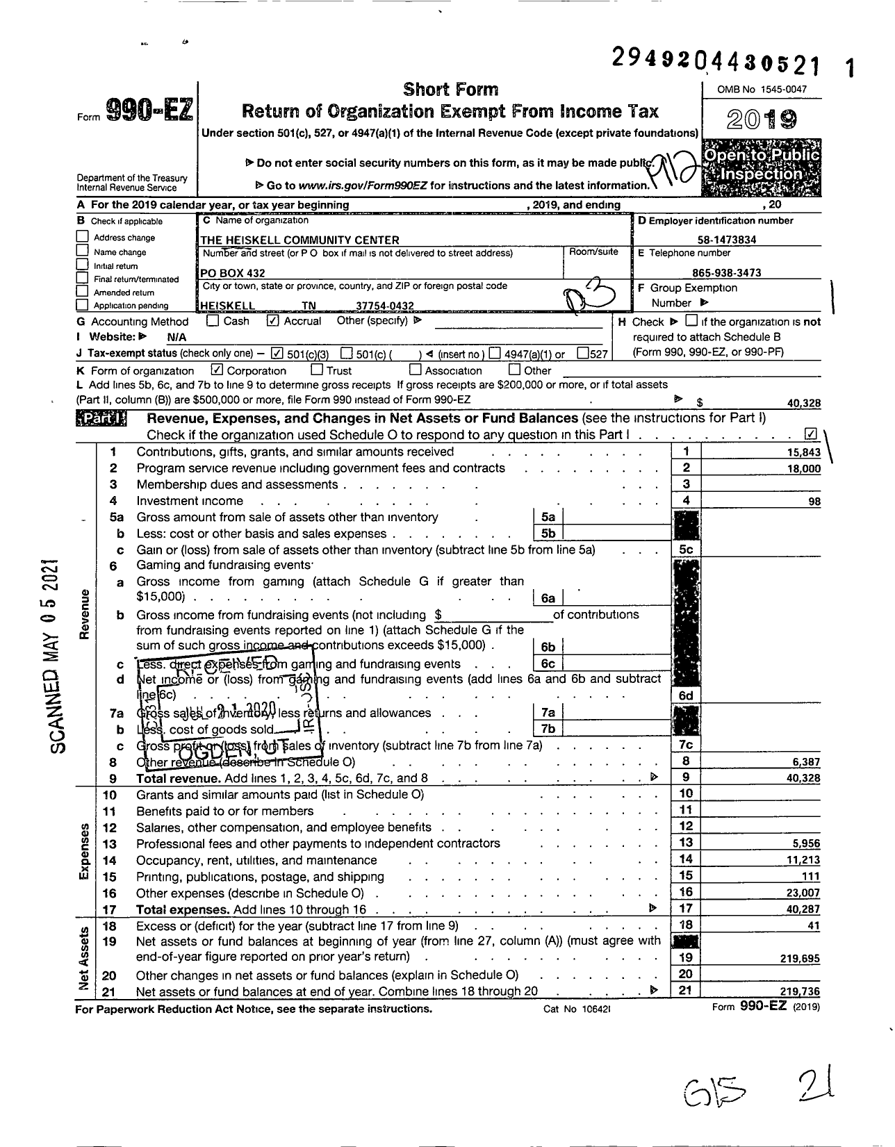 Image of first page of 2019 Form 990EZ for The Heiskell Community Organization